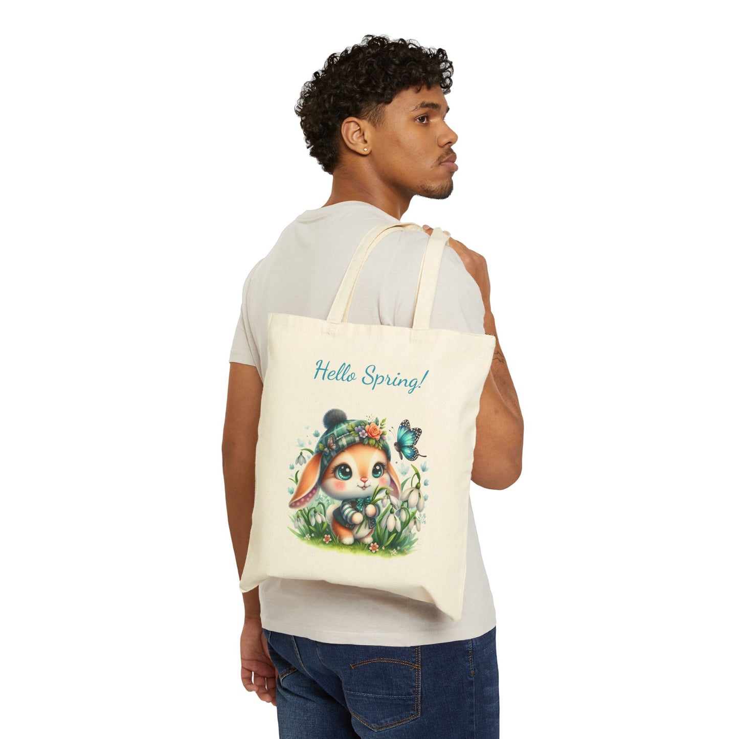 Adorable "Hello Spring" Bunny with Butterfly Canvas Tote Bag