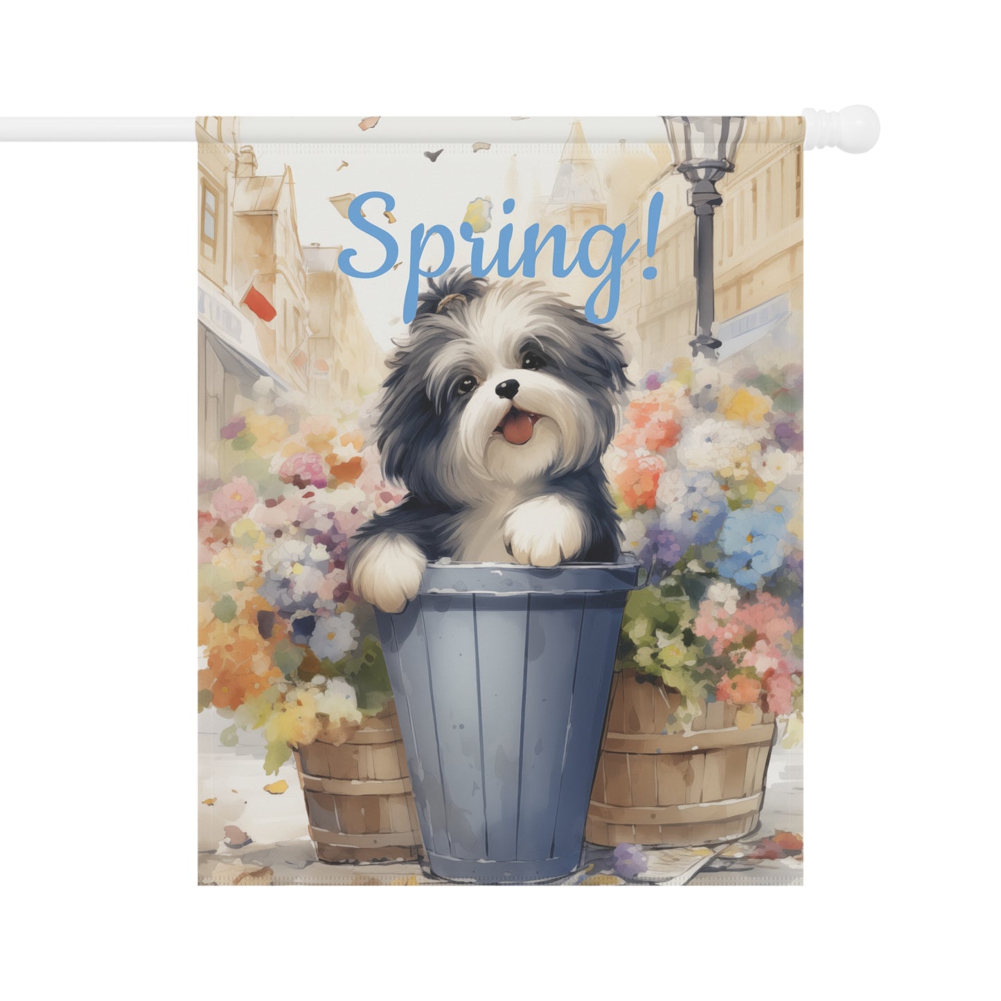 "Spring!" Garden Flag with Cute Dog in Flower Pot