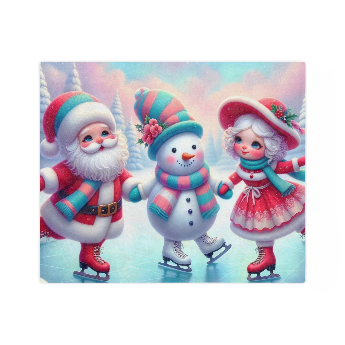 Lightweight white velveteen blanket with a festive Christmas illustration of Santa Claus, a snowman, and a girl in a red dress, all ice skating on a frozen pond.