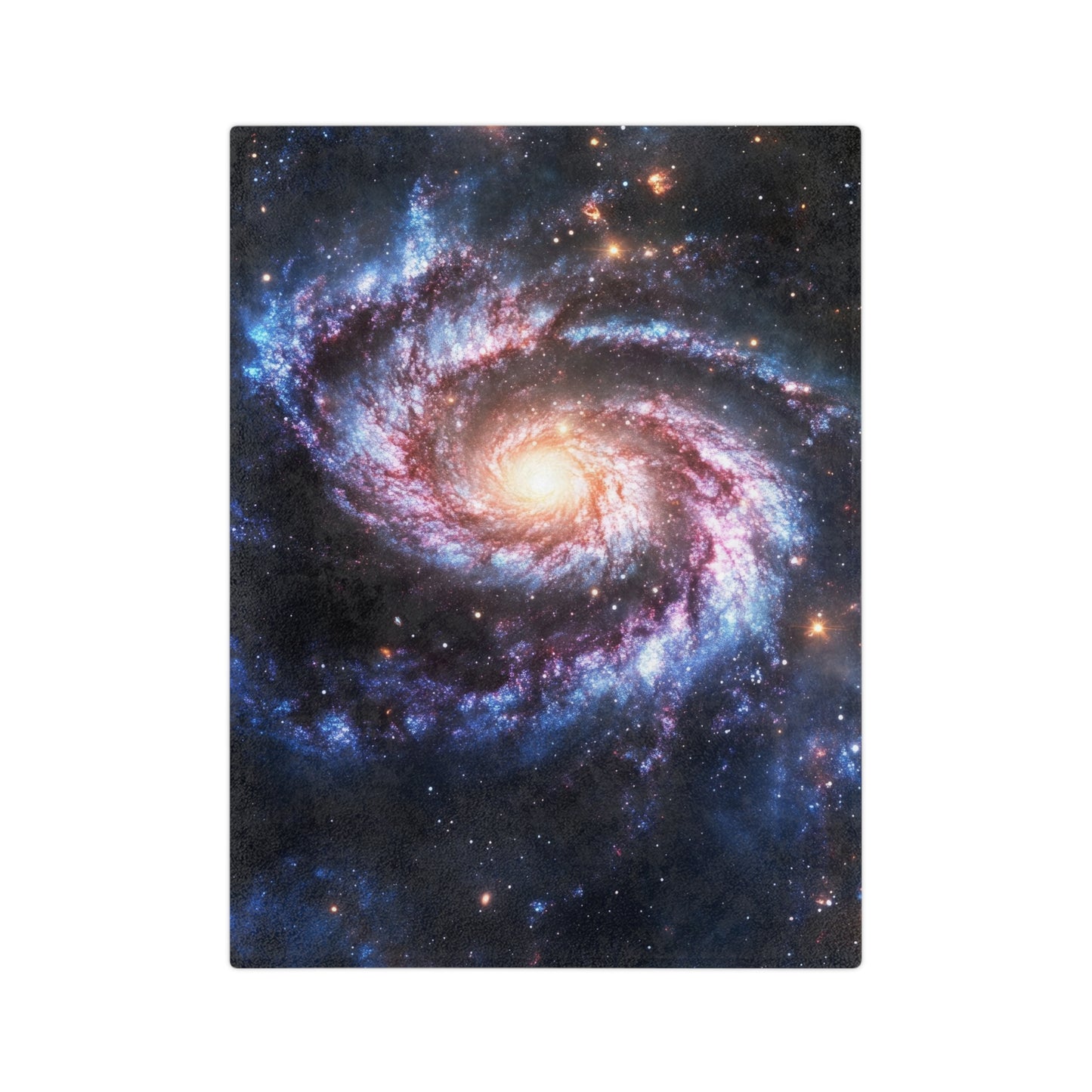Velveteen plush blanket with a vivid, spiral galaxy print