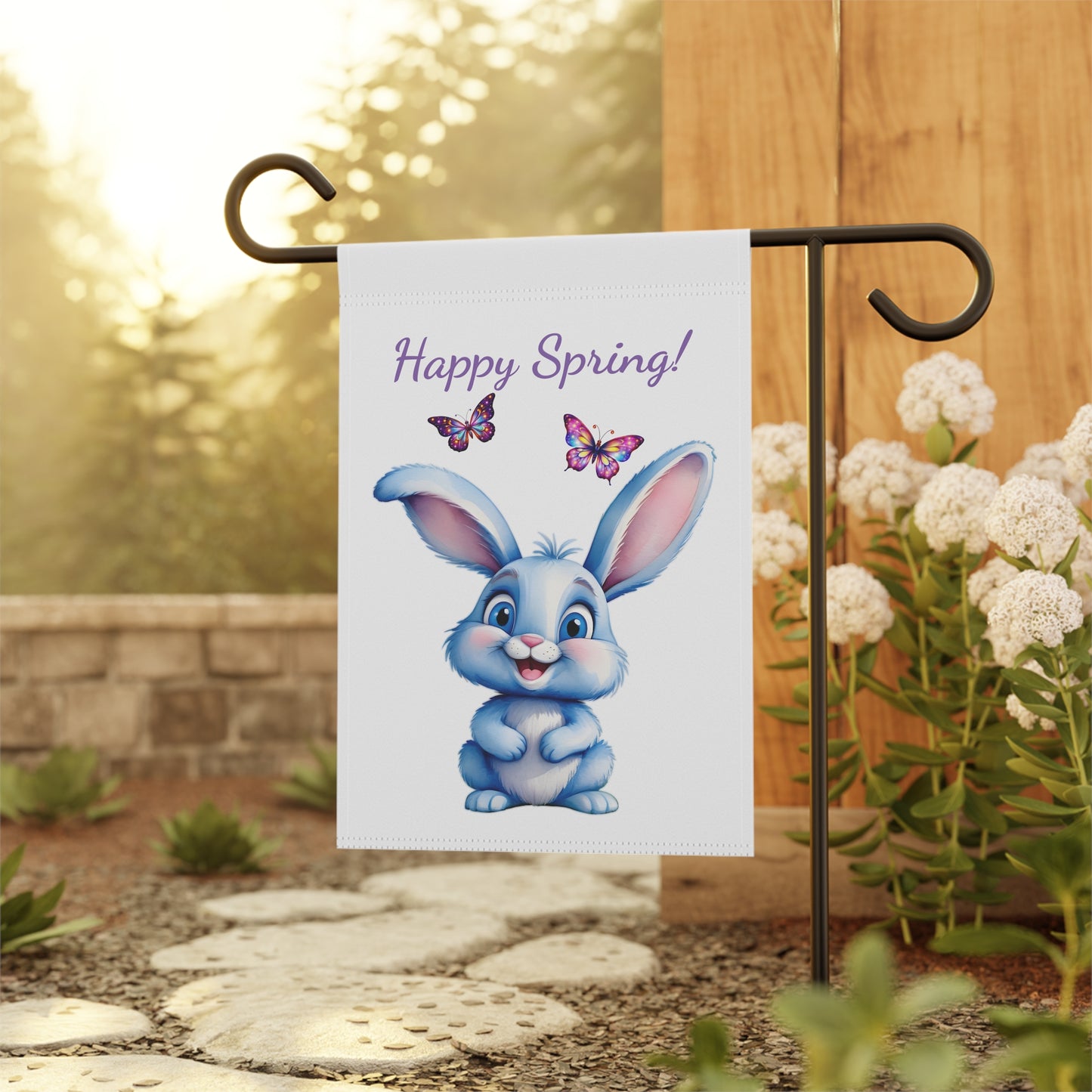 Happy Spring Blue Bunny & Butterflies Garden Flag