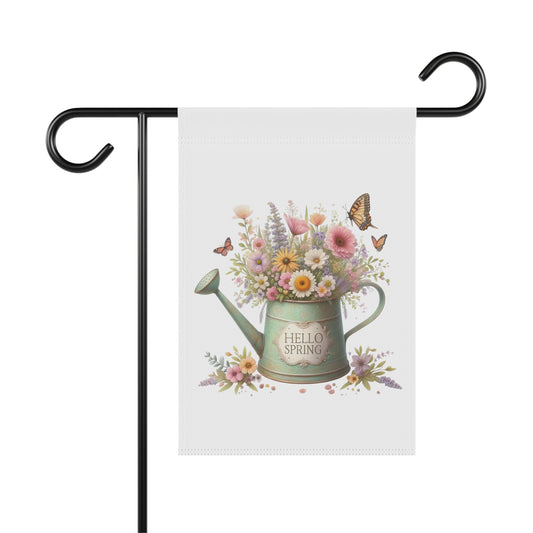 "Hello Spring" garden flag with a watercolor illustration of a green watering can filled with a bouquet of spring flowers and butterflies.