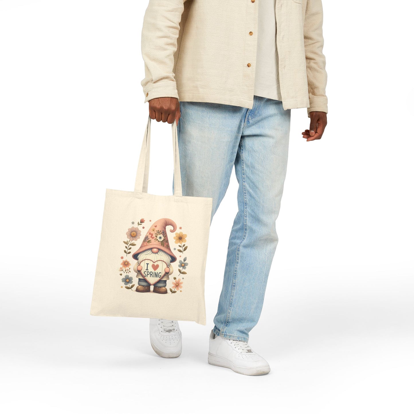 "I Love Spring" Pink Hat Garden Gnome Canvas Tote Bag