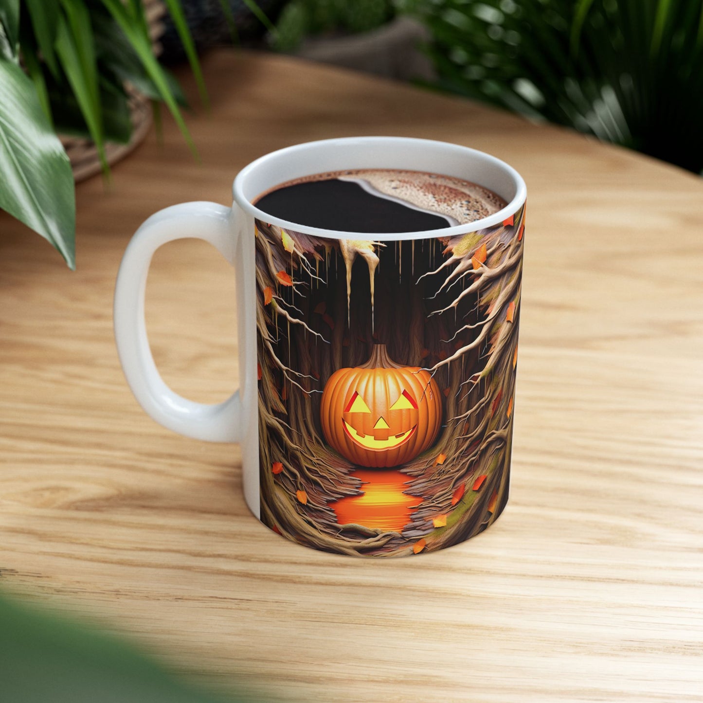 Enchanting 3D Jack-O'-Lantern Tree Cave Coffee Mug