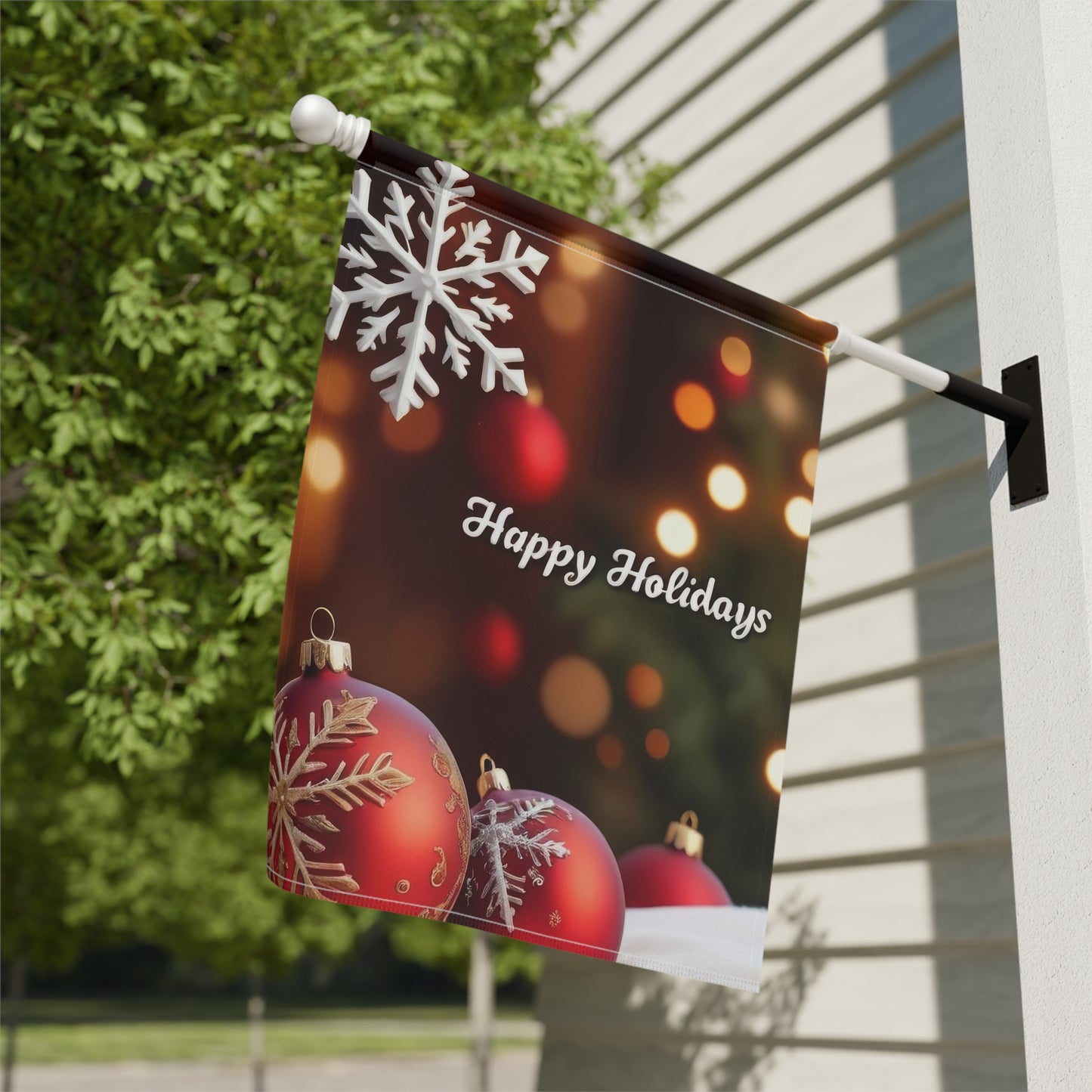 "Happy Holidays" Snowflake & Ornaments Garden Flag