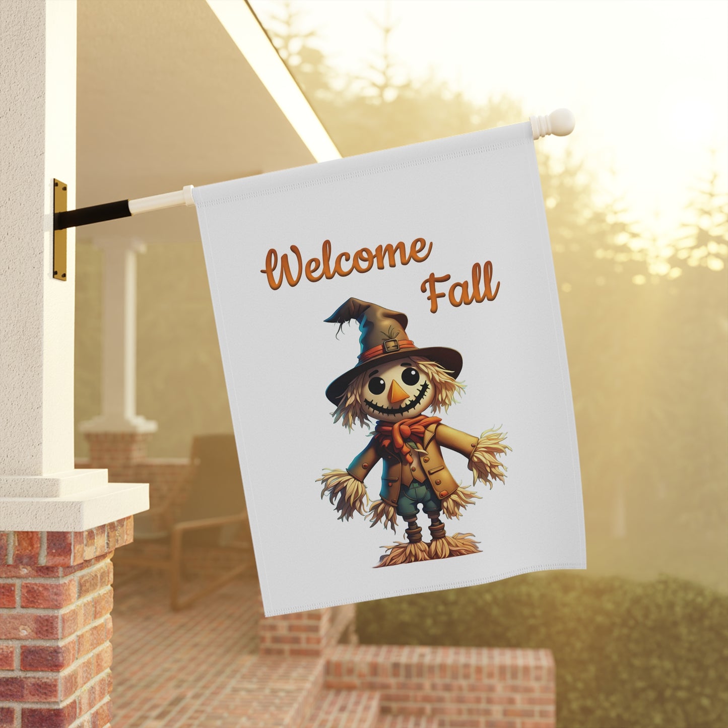 Welcome Fall garden flag with a smiling scarecrow