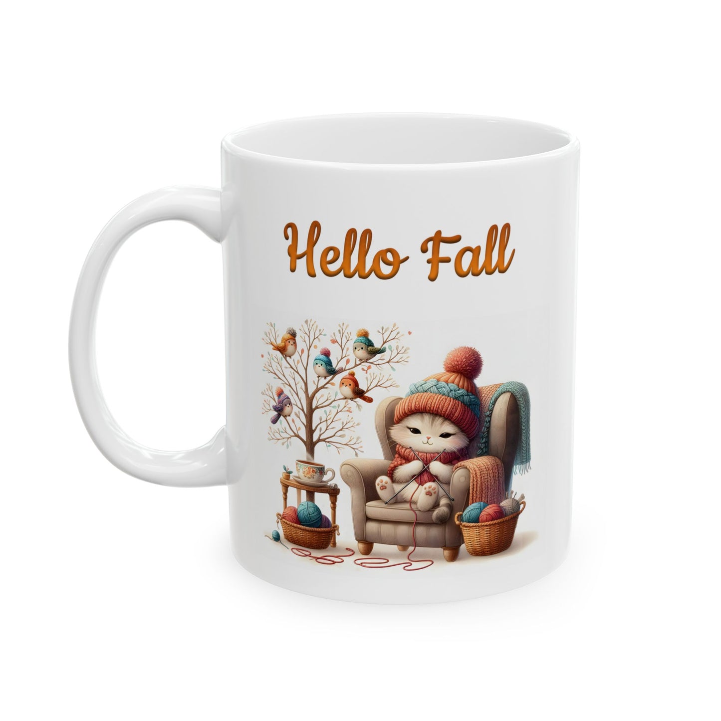"Hello Fall" Cute Cat & Birds Coffee Mug