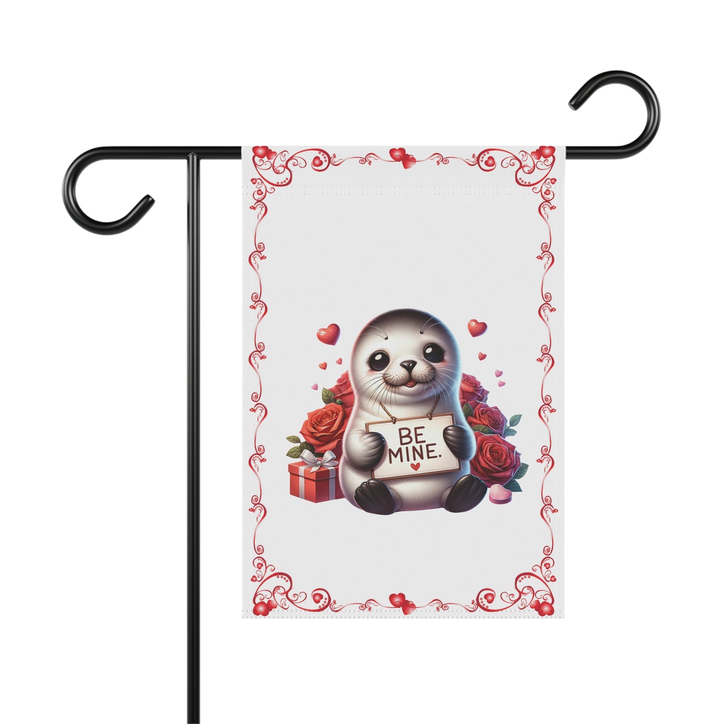 Cute Valentine garden flag with seal holding “Be Mine” sign, red roses, hearts, and gift box
