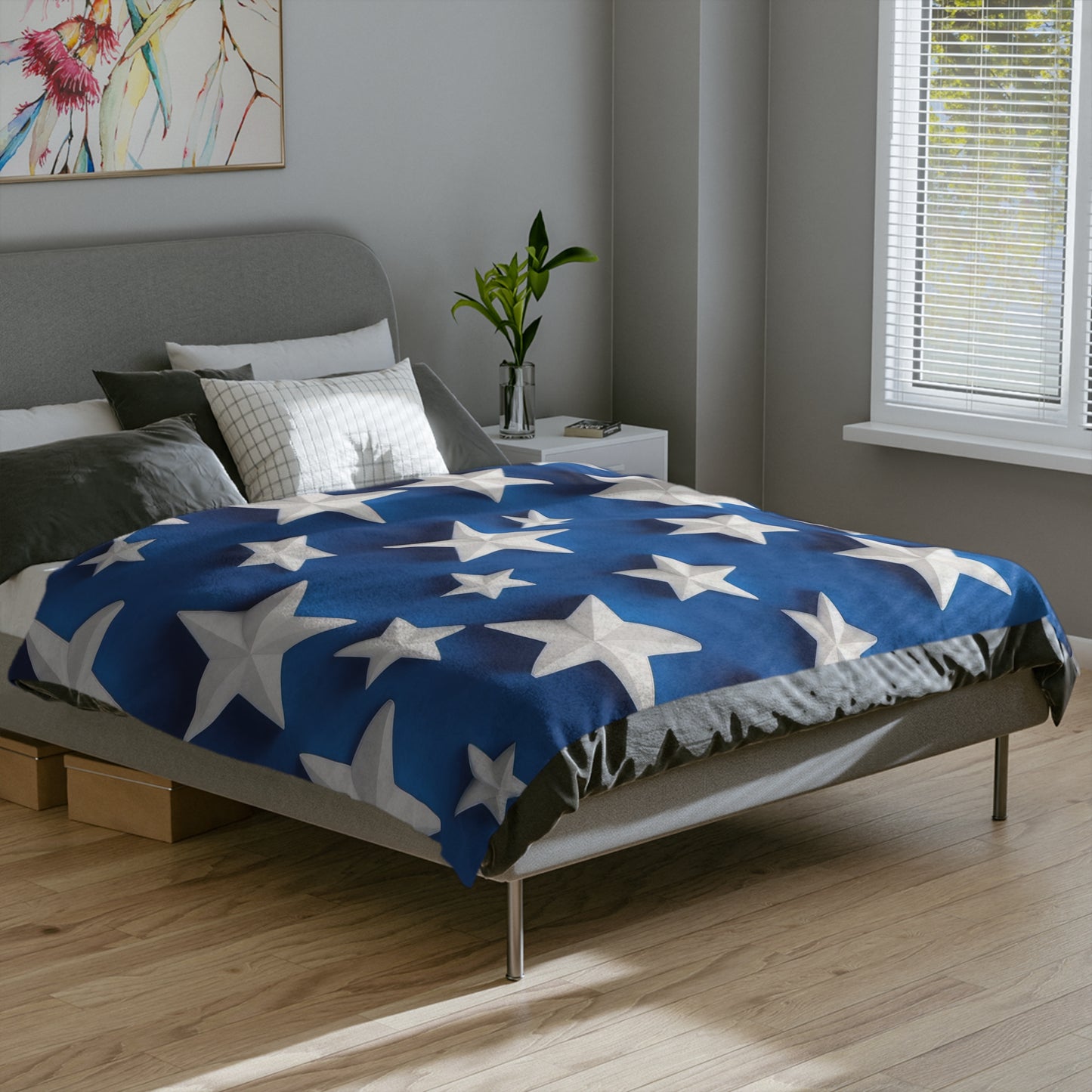 Bold Blue Velveteen Plush Blanket with 3D White Stars