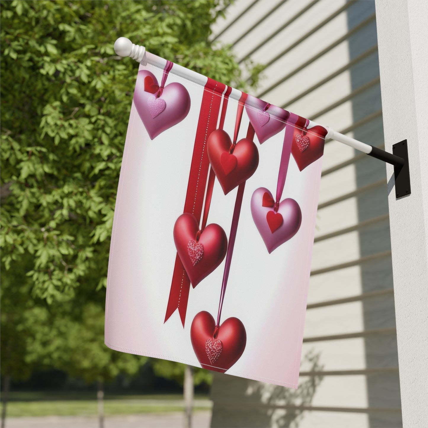 Valentine Garden Flag with Red & Pink Hanging Hearts