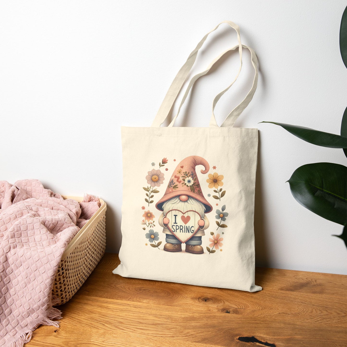 "I Love Spring" Pink Hat Garden Gnome Canvas Tote Bag