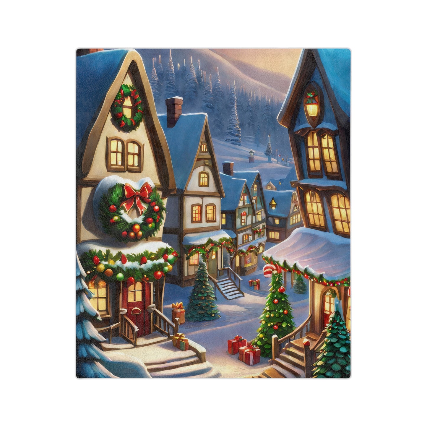 Christmas plush blanket with snow-covered holiday village, decorated trees, gifts, and glowing houses