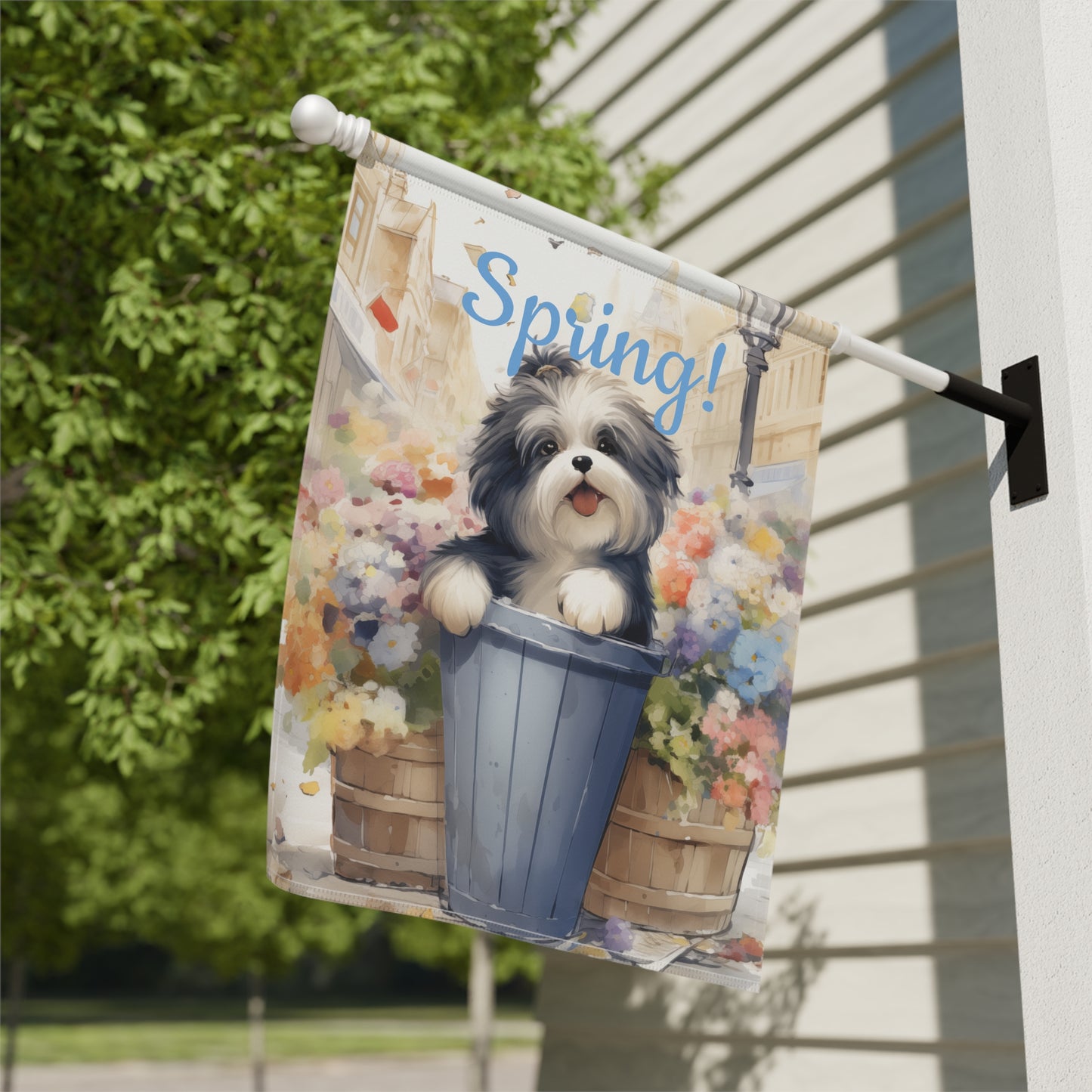 "Spring!" Garden Flag with Cute Dog in Flower Pot