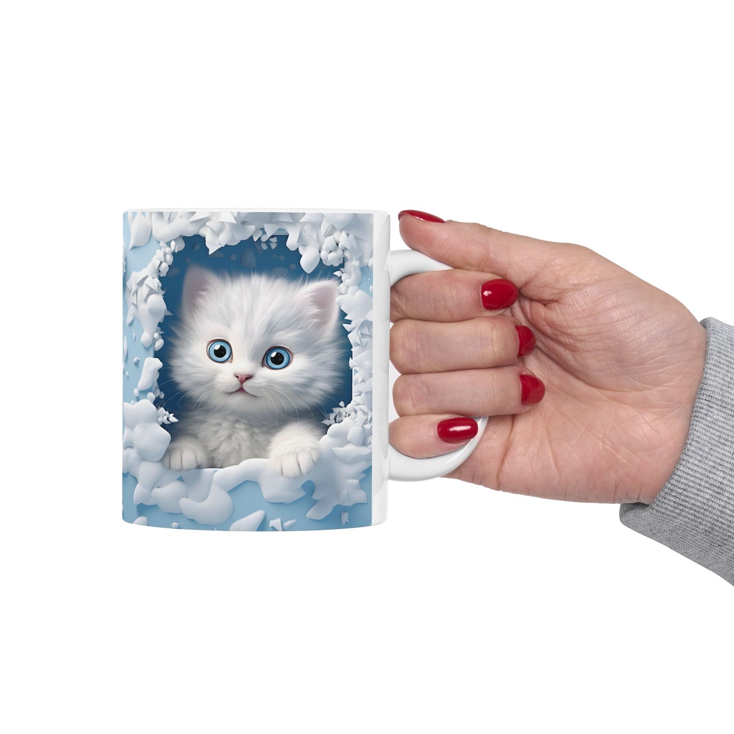 Adorable Blue-Eyed 3-D White Kitten Coffee Mug