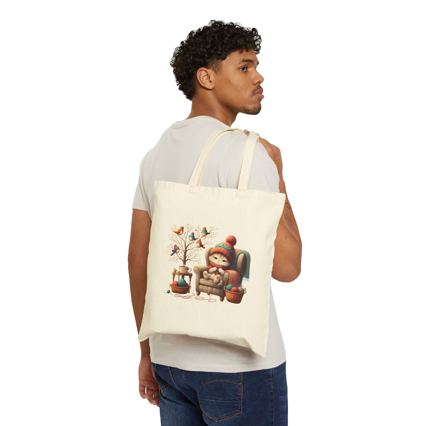 Adorable Kitty Knitting Reusable Tote Bag