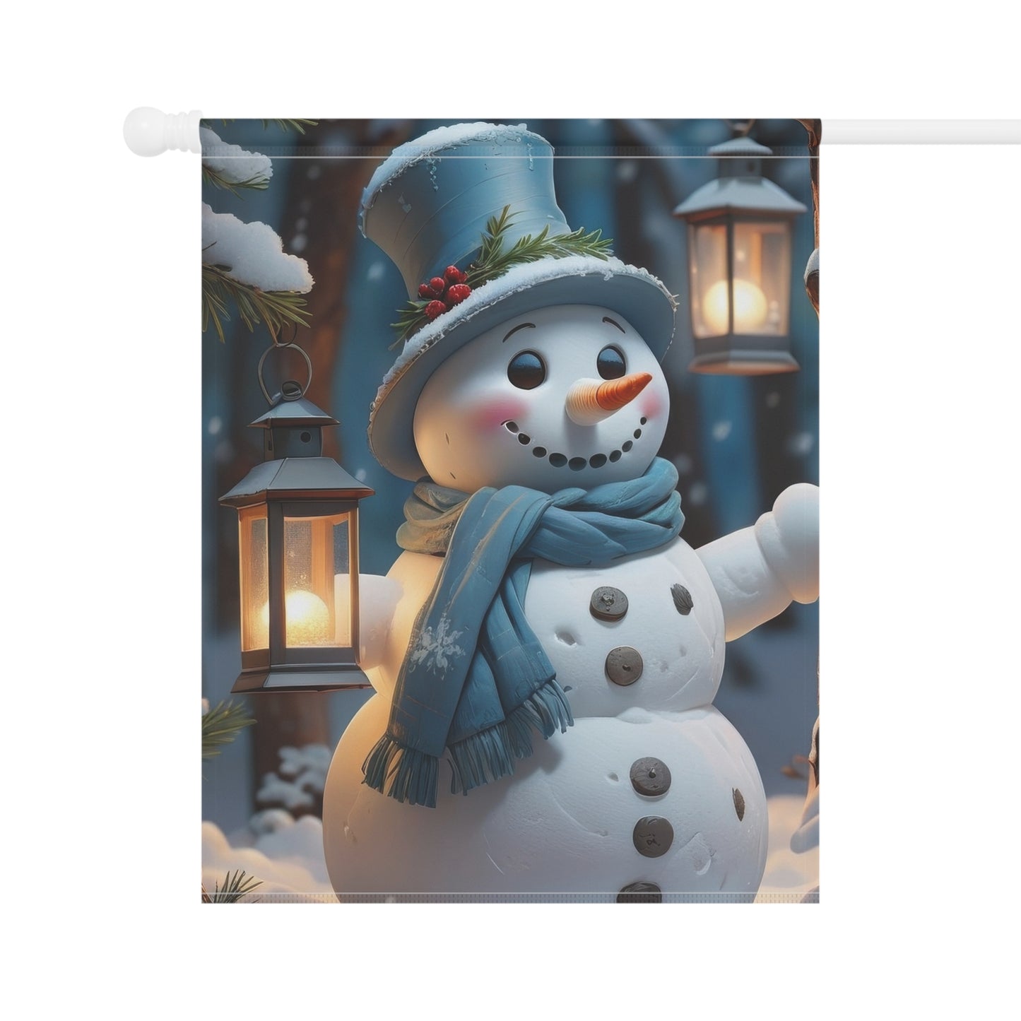 Cheerful Snowman in Blue Garden Flag