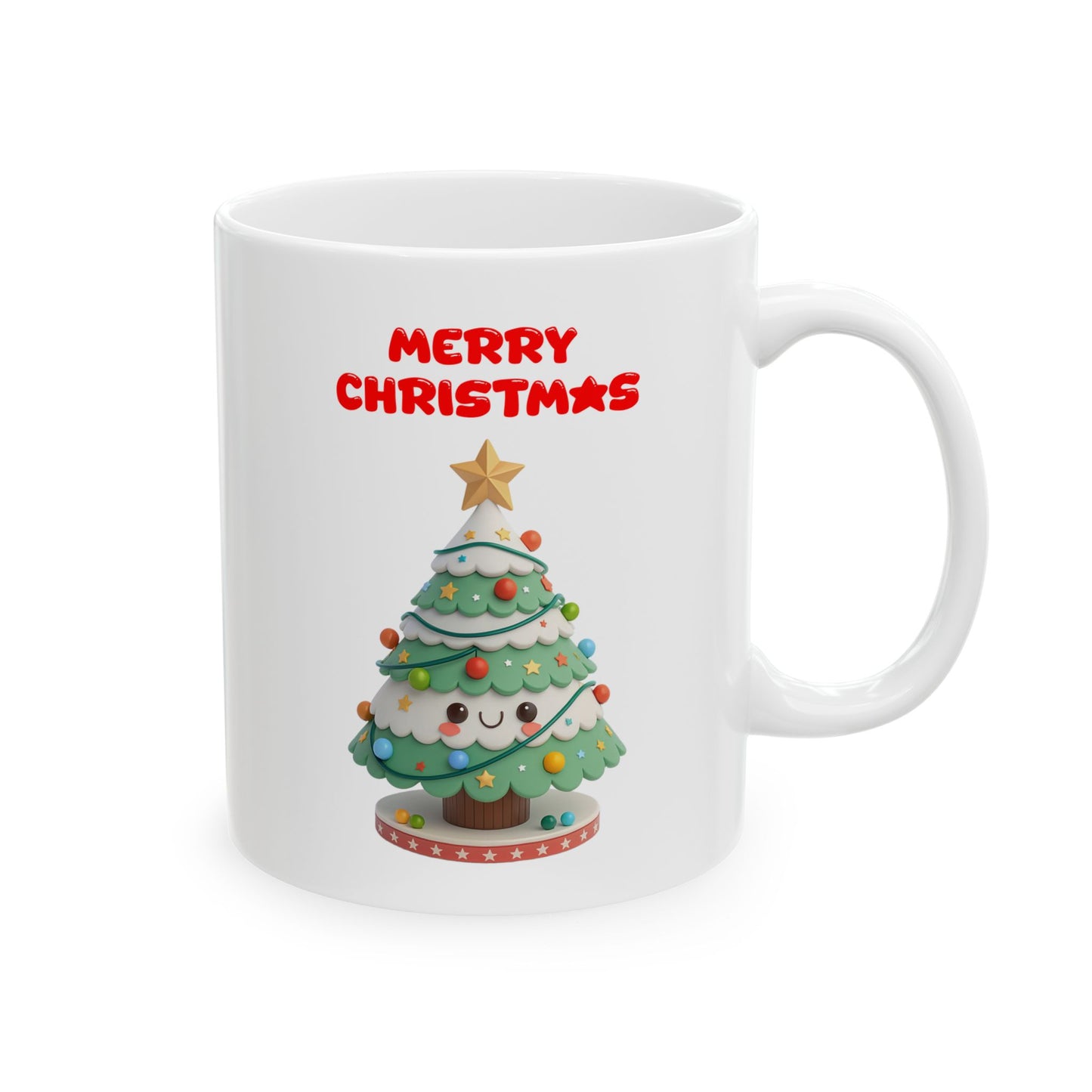 Merry Christmas coffee mug with a cute cartoon Christmas tree.