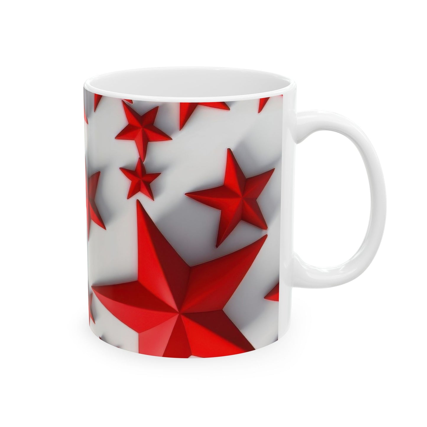 White ceramic coffee mug with a vibrant pattern of scattered red three-dimensional stars on a clean white background.