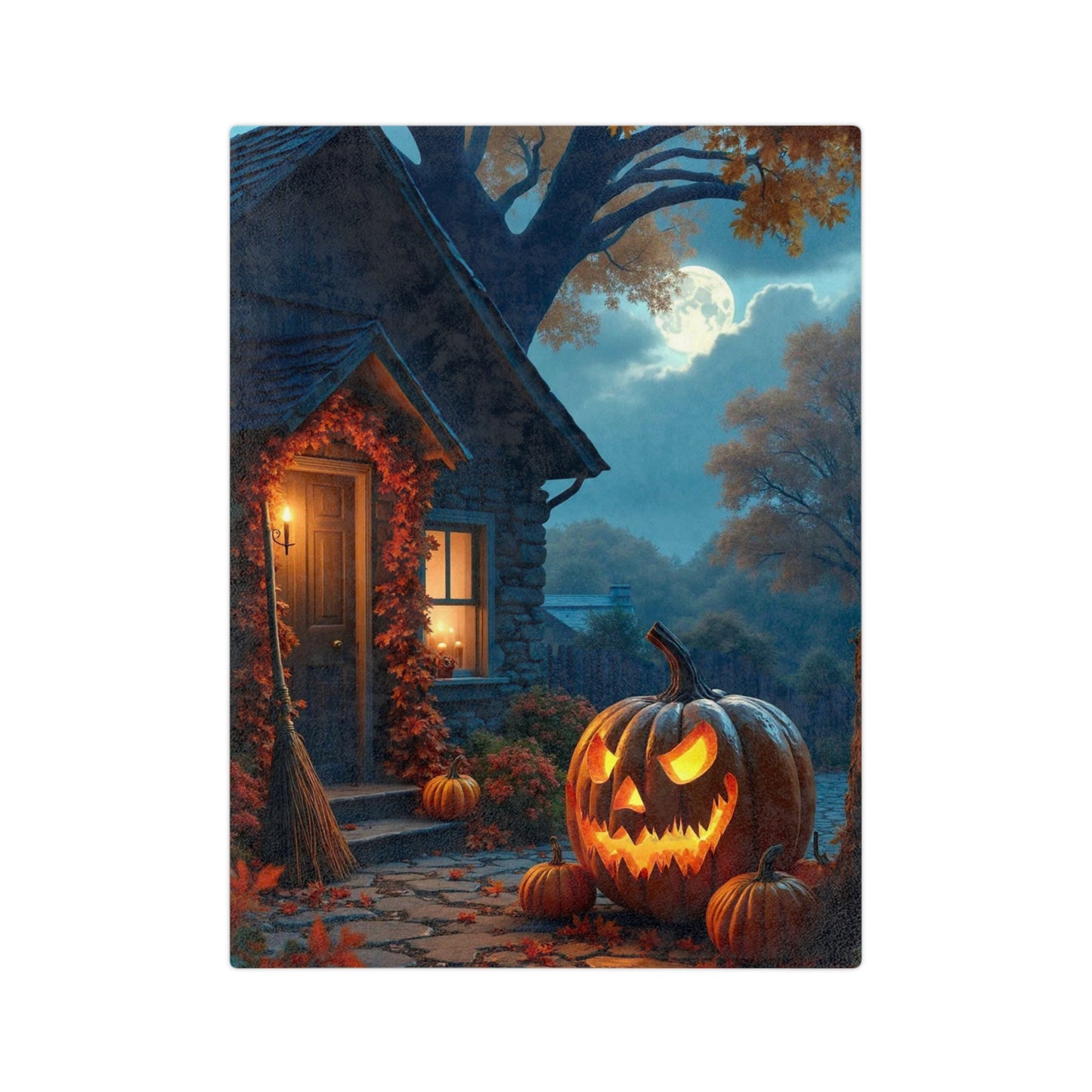 Halloween lightweight velveteen blanket with a spooky cottage, glowing jack-o'-lanterns on the porch, a broom, a full moon, and autumn leaves.