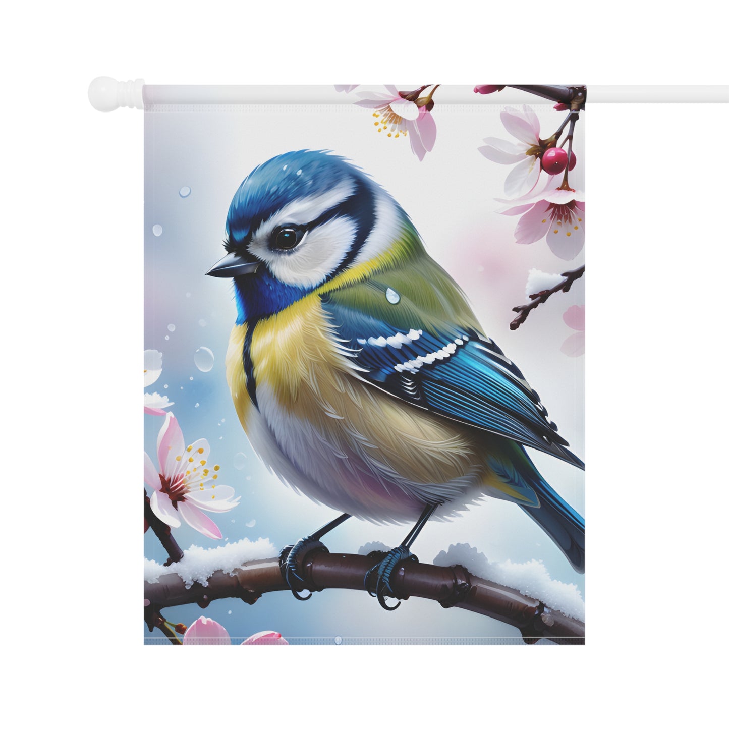 Blue Tit Bird Garden Flag with Cherry Blossoms
