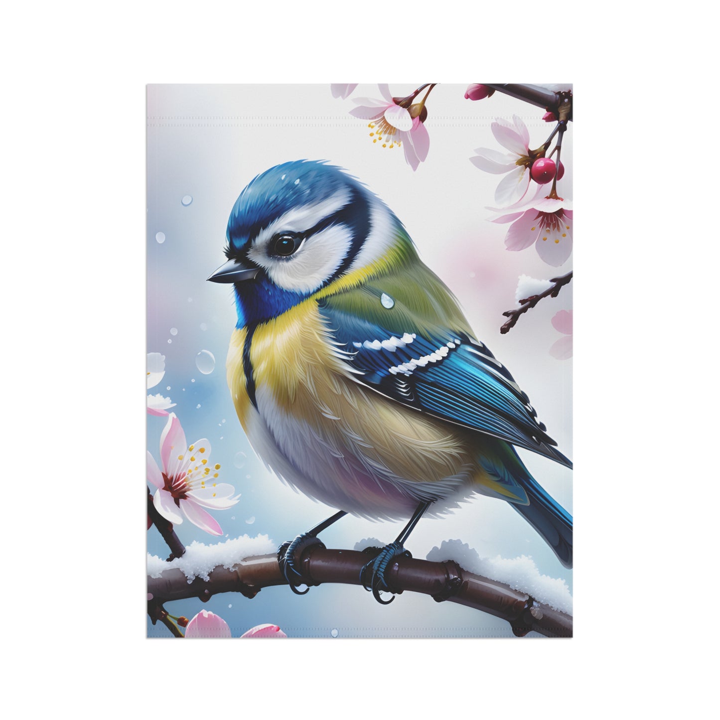 Blue Tit Bird Garden Flag with Cherry Blossoms