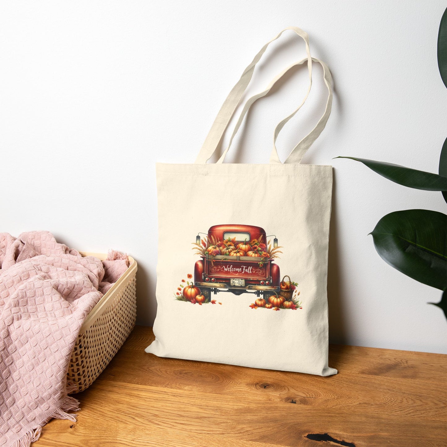 Vintage Red Truck Fall Canvas Tote Bag