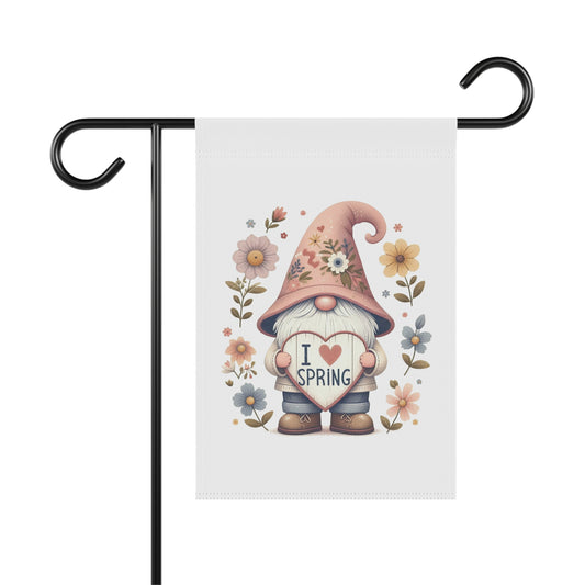 "I Love Spring" garden flag with a pink-hatted gnome holding a heart and surrounded by stylized watercolor flowers.