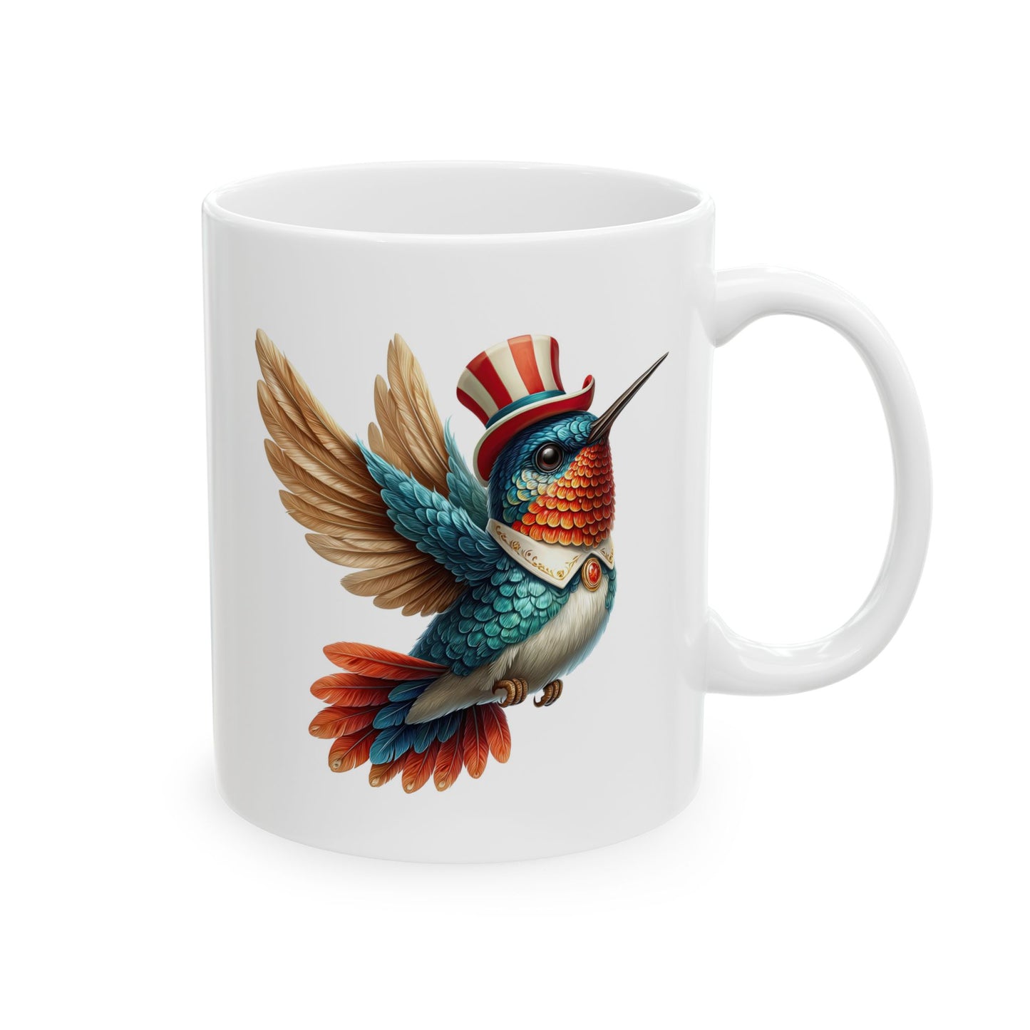 White coffee mug with a colorful hummingbird wearing a red, white, and blue patriotic top hat and vest, signifying American pride