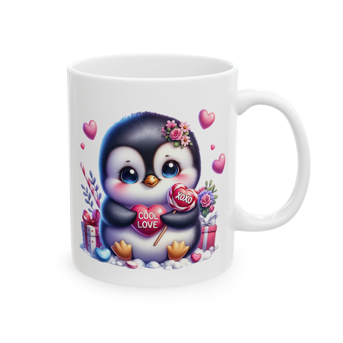White ceramic coffee mug with a cute cartoon baby penguin wearing a flower crown, holding a red heart-shaped sign that says 'COOL LOVE' and an 'XOXO' lollipop, surrounded by pink hearts, candy canes, and wrapped gifts