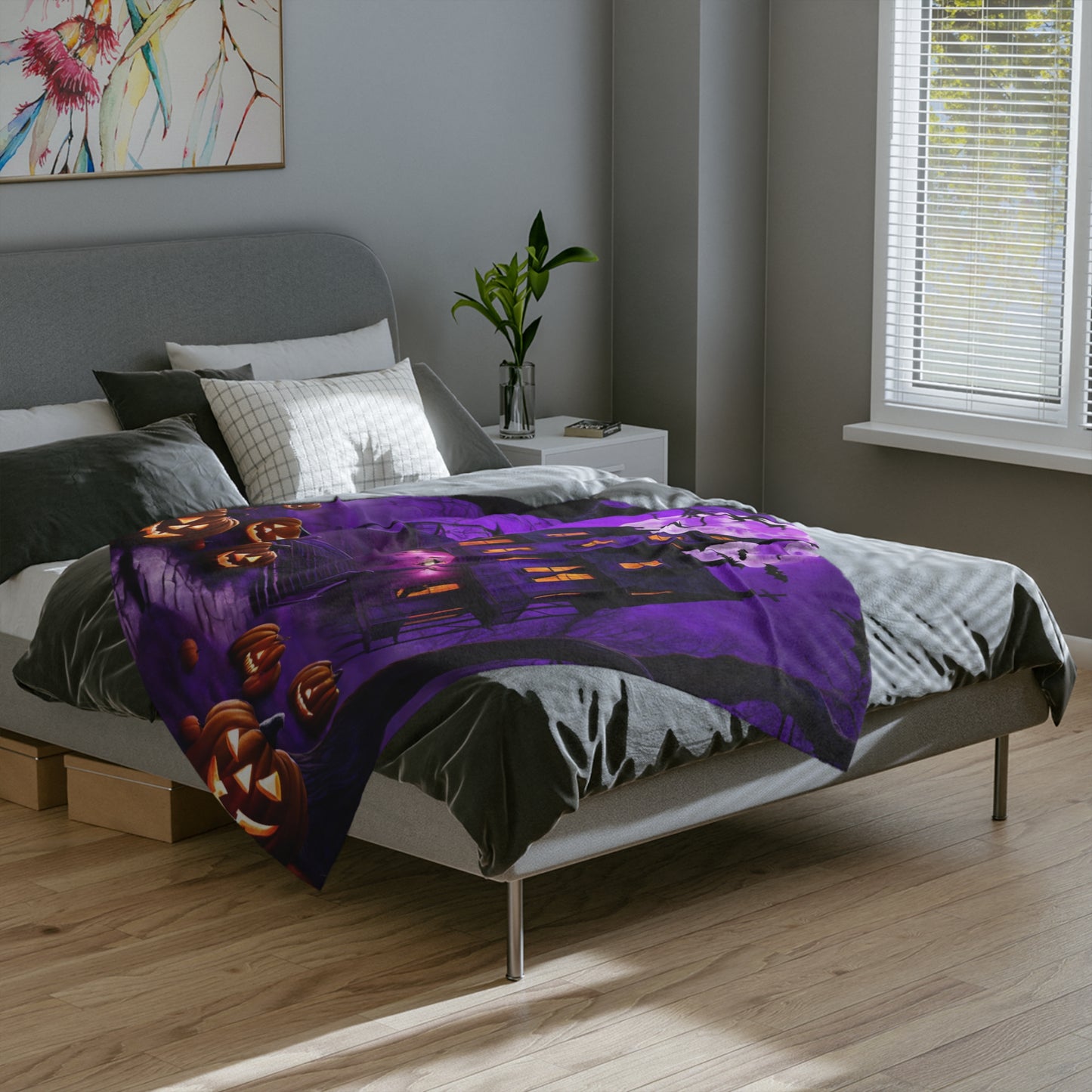Spooky Purple Haunted House Halloween Blanket