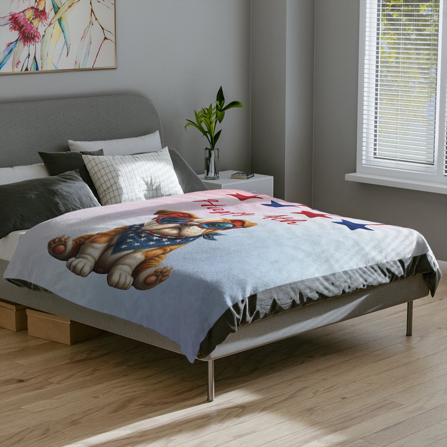 Happy 4th Bulldog Velveteen Plush Blanket
