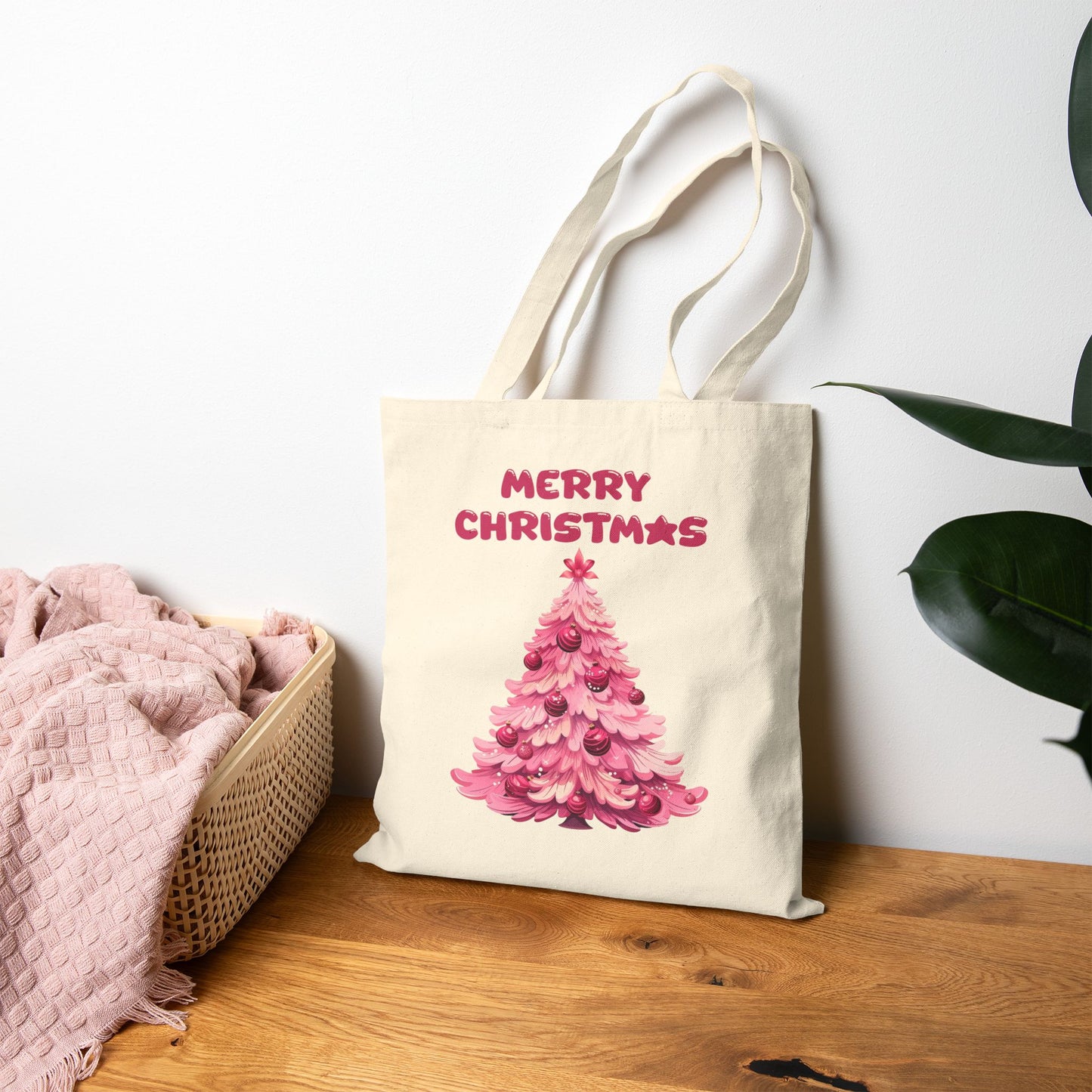 Whimsical Pink Christmas Tree Holiday Tote