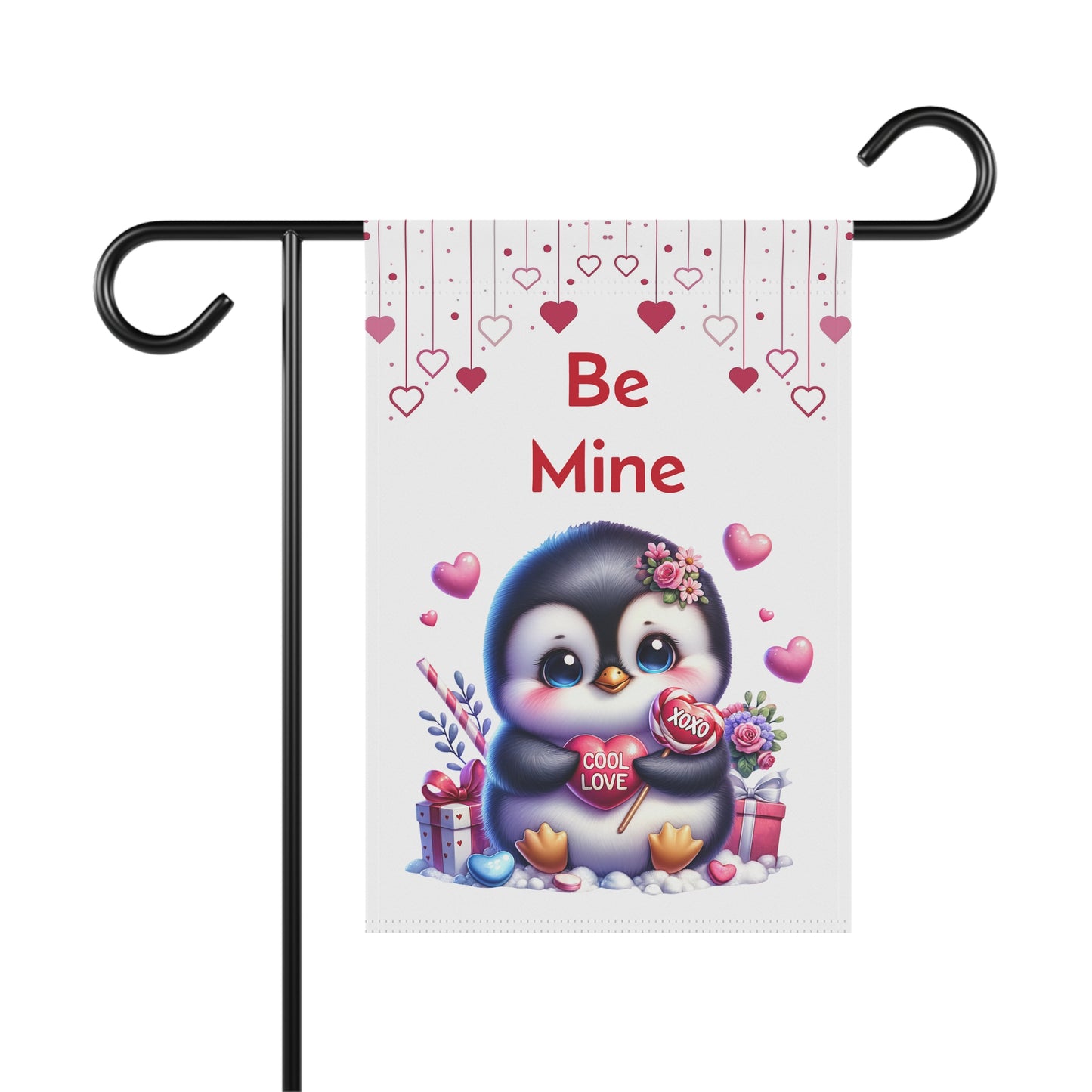 Valentine’s Day garden flag with cute baby penguin holding heart lollipops, pink hearts, and "Be Mine" text on white background