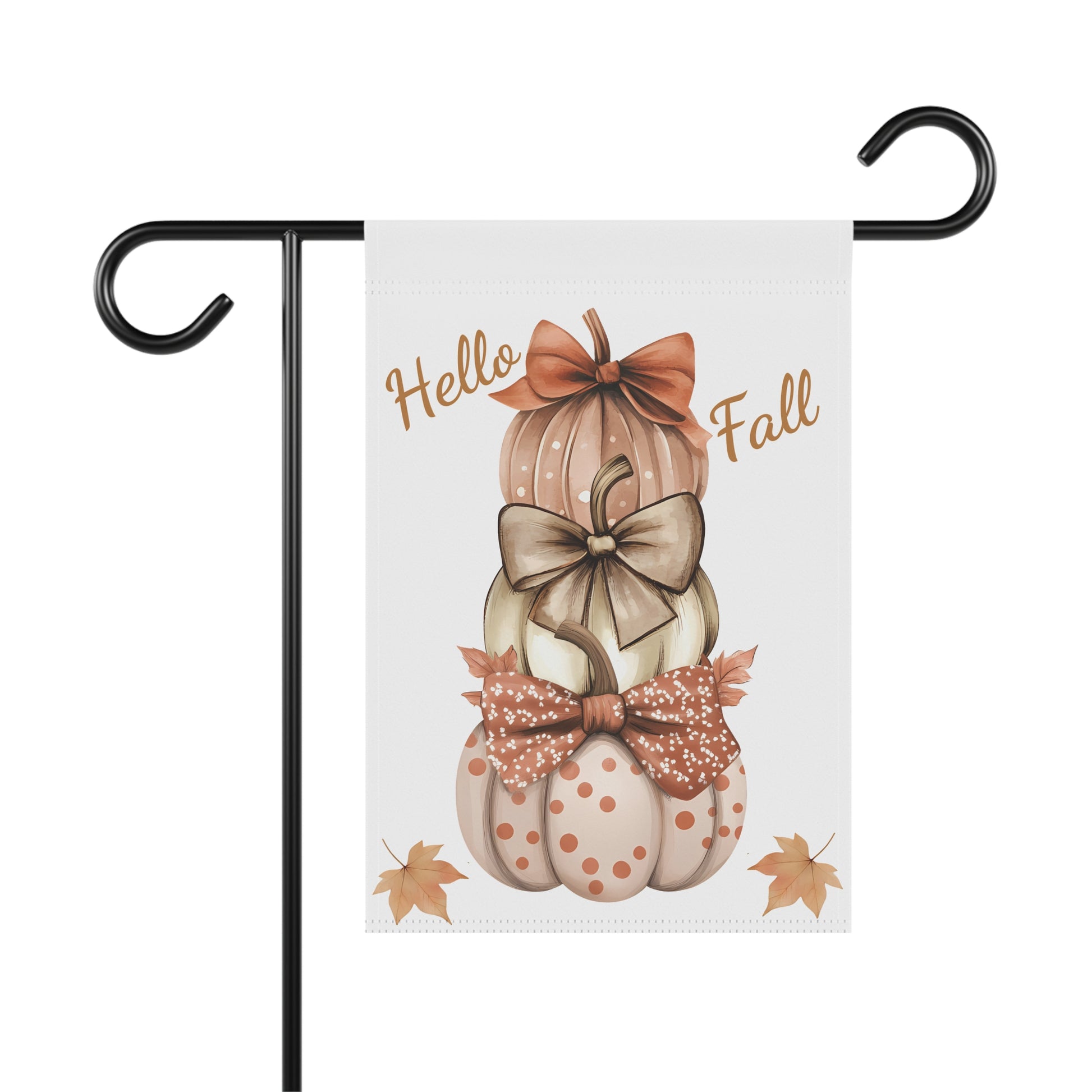White garden flag featuring a stack of three decorative pumpkins with bows, surrounded by autumn leaves, and the text "Hello Fall"