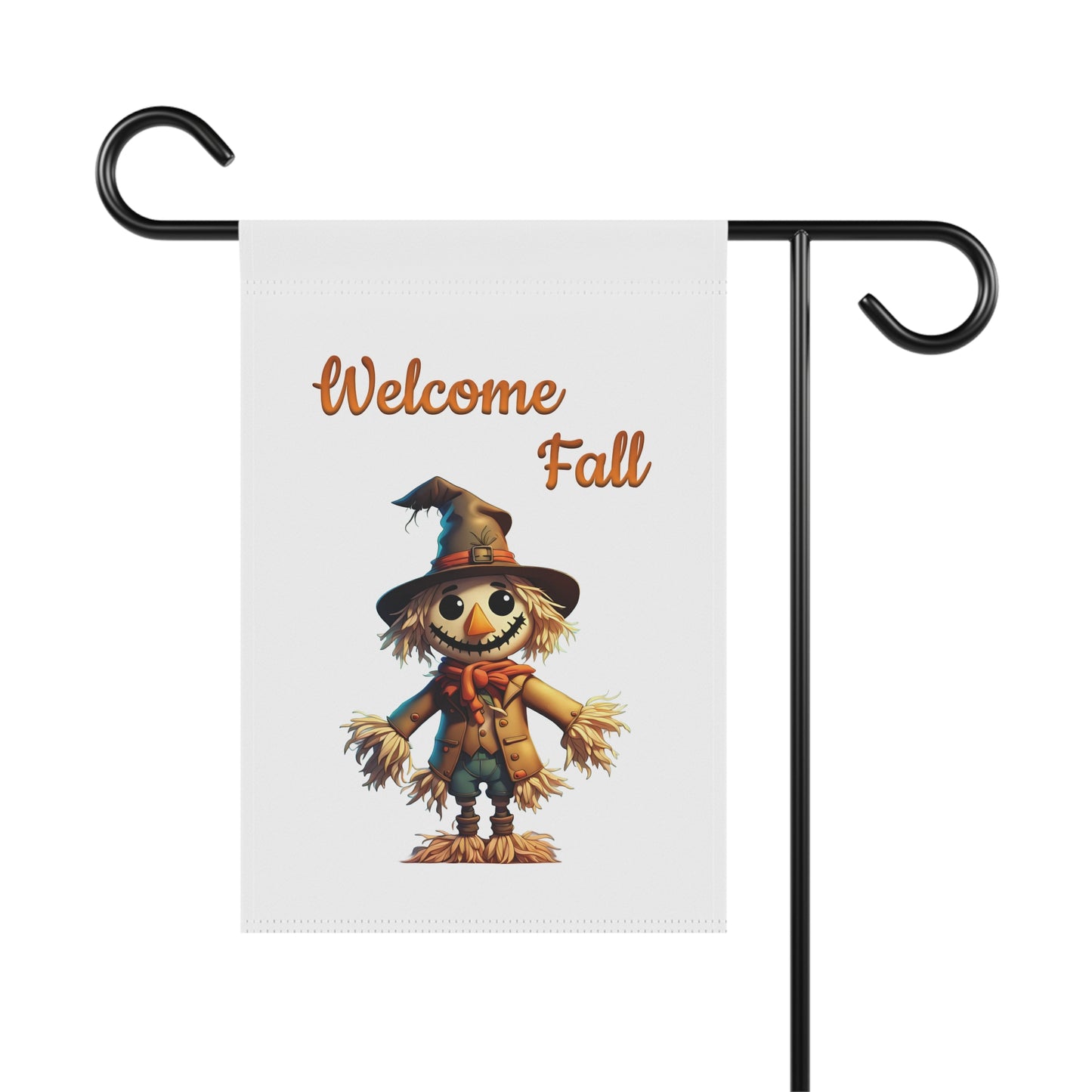 Welcome Fall garden flag with a smiling scarecrow