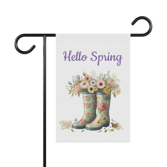 Garden flag with floral wellington boots and 'Hello Spring' text on a white background.