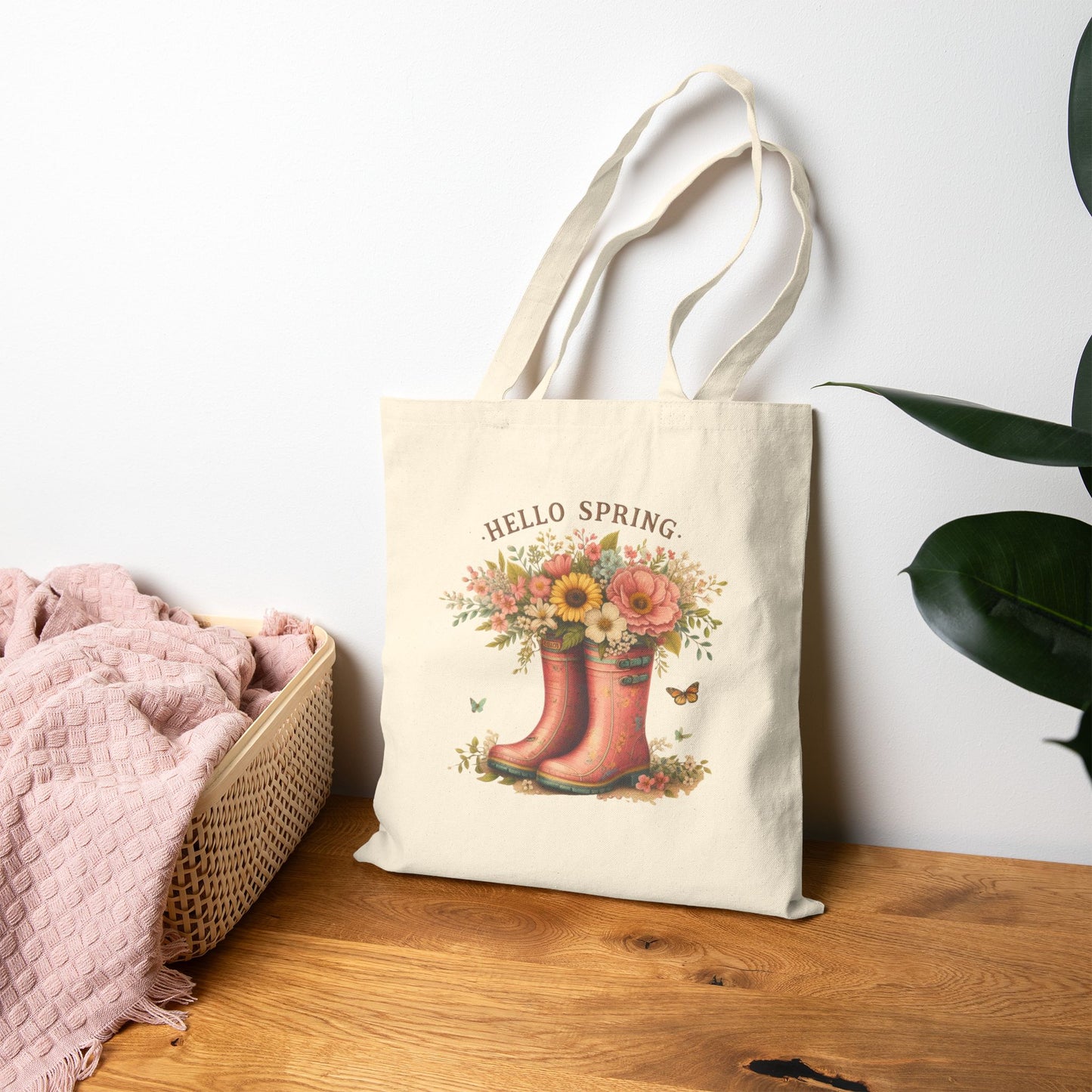 Cute "Hello Spring" Floral Rain Boots Canvas Tote Bag