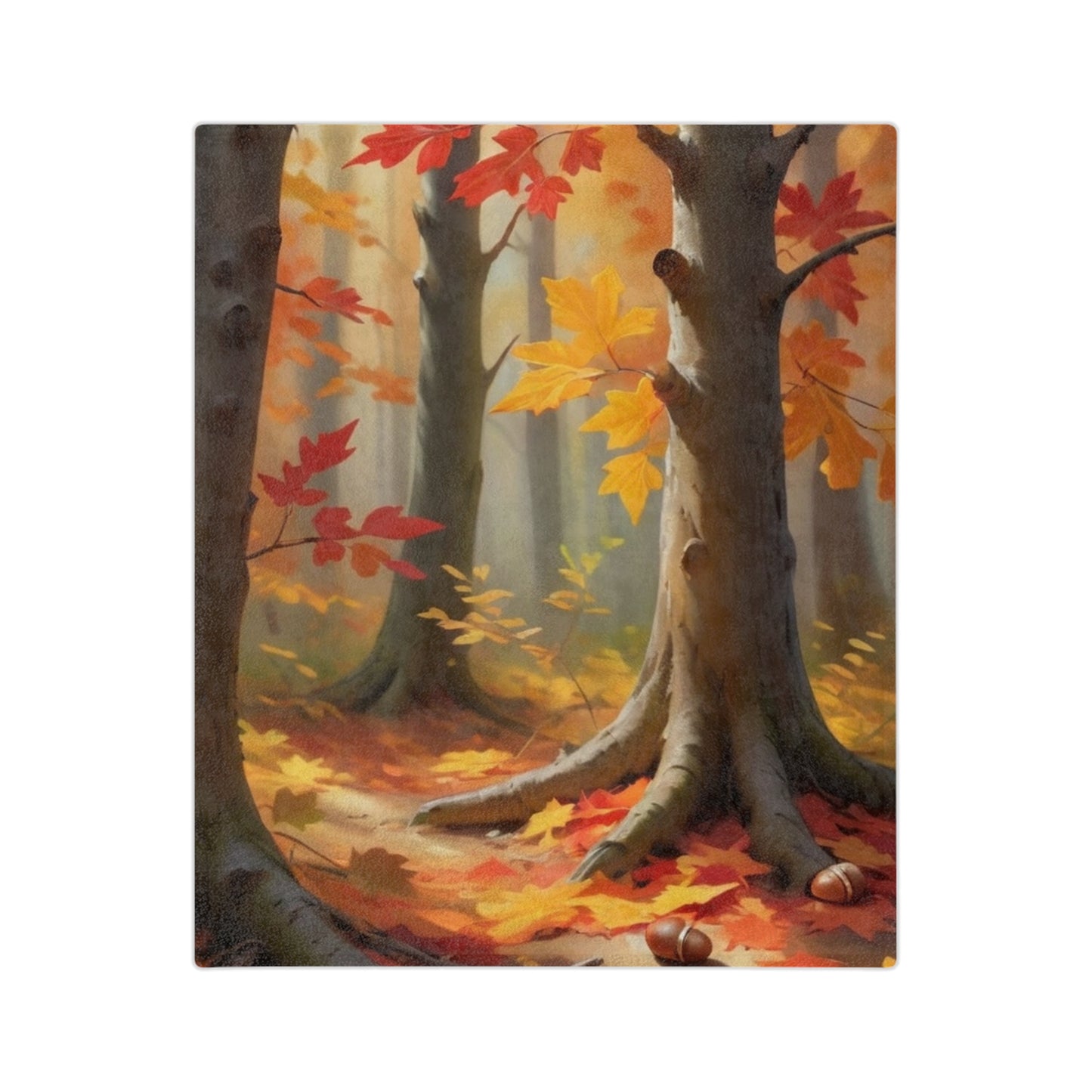 Lightweight velveteen blanket with an autumn forest floor scene, showing red and orange fallen leaves, tree trunks, and acorns on the ground.