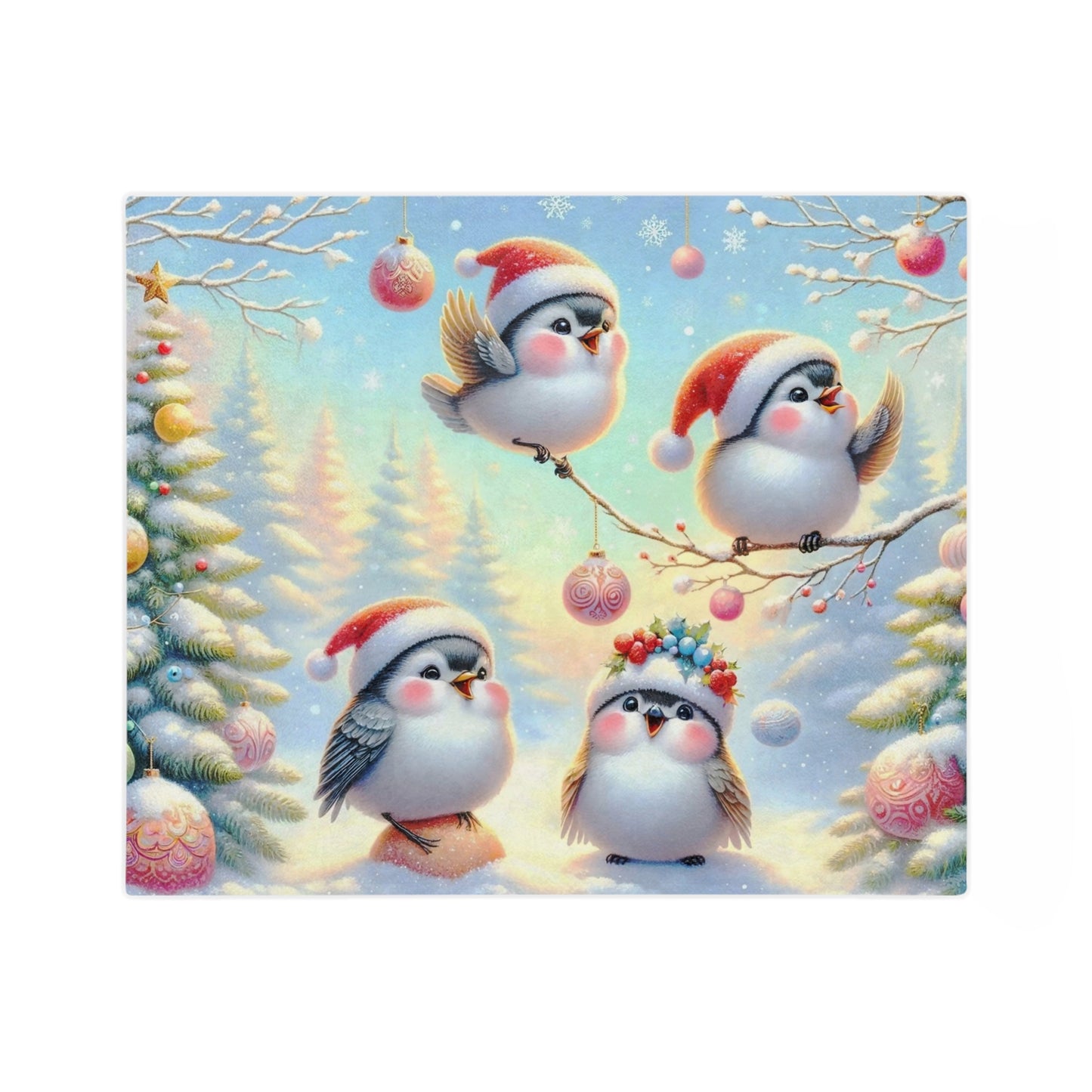 A group of four cute, fluffy birds wearing red Santa hats and festive wreaths in a snowy winter scene with a decorated Christmas tree.