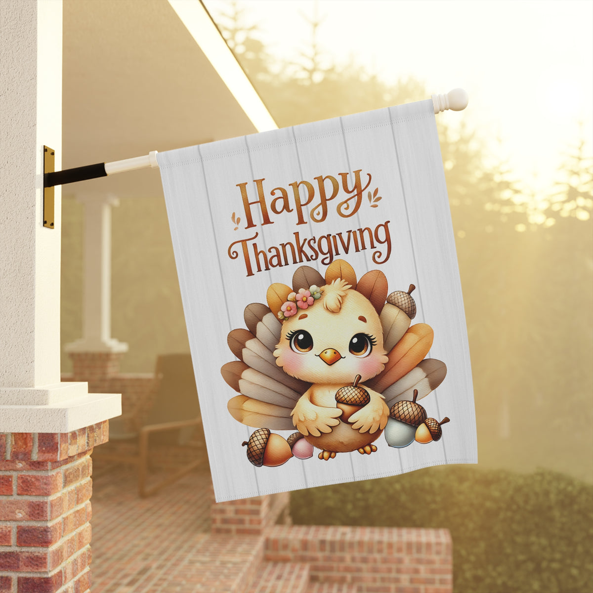 Happy Thanksgiving Garden Flag with a Cute Baby Turkey Flag
