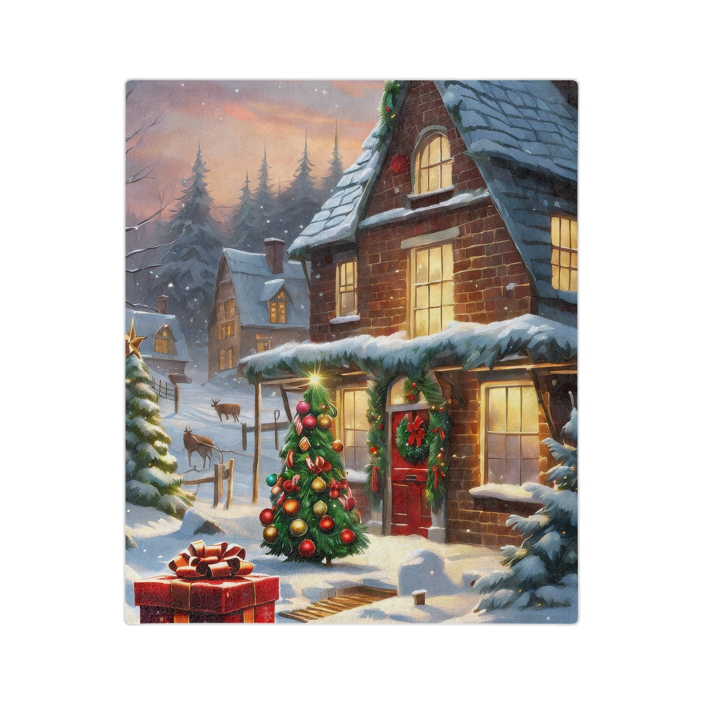 Velveteen plush blanket with a glowing Christmas house, decorated trees, presents, and a snowy holiday village scene