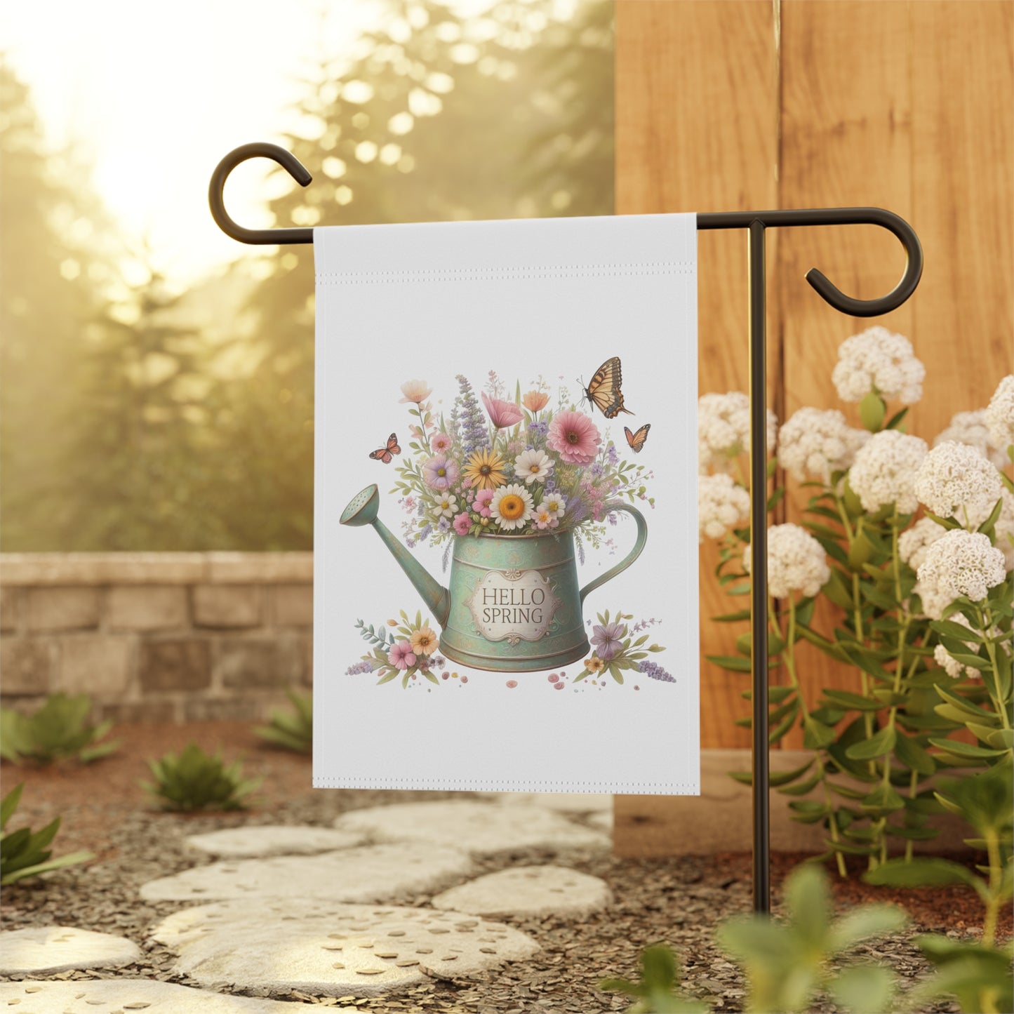 "Hello Spring" Watering Can Garden Flag with Floral Bouquet