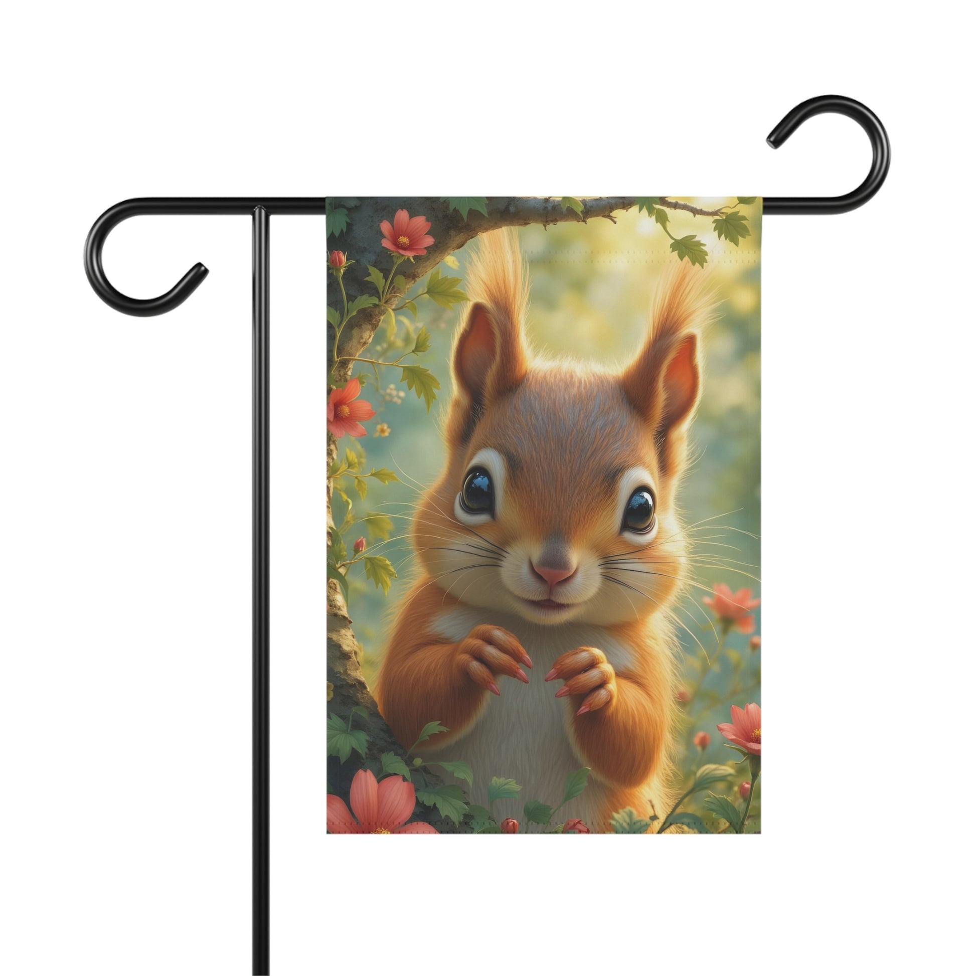 Cute cartoon squirrel with big eyes peeking from behind a tree branch with pink flowers on a garden flag.