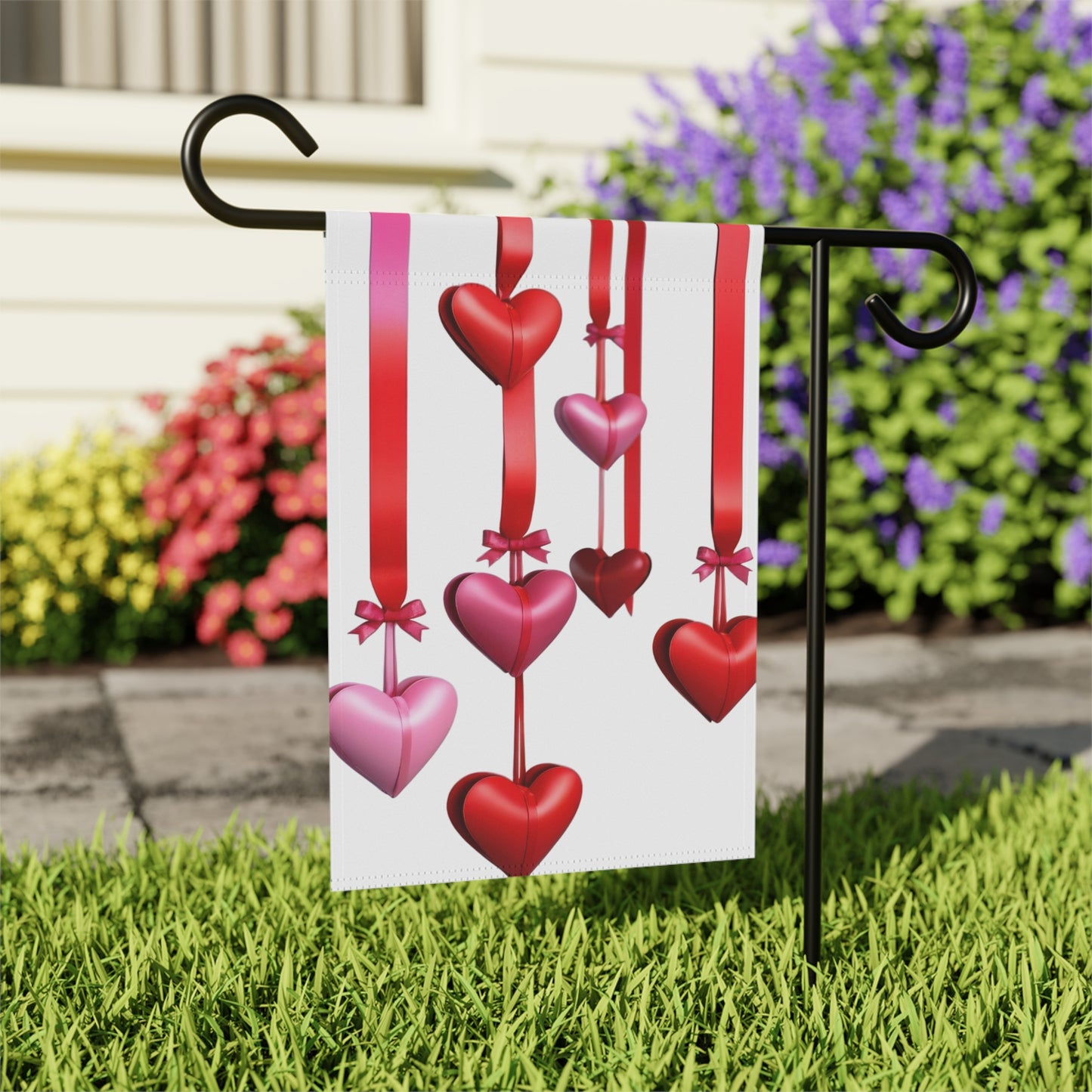 Valentine Garden Flag with Red & Pink Hanging Hearts