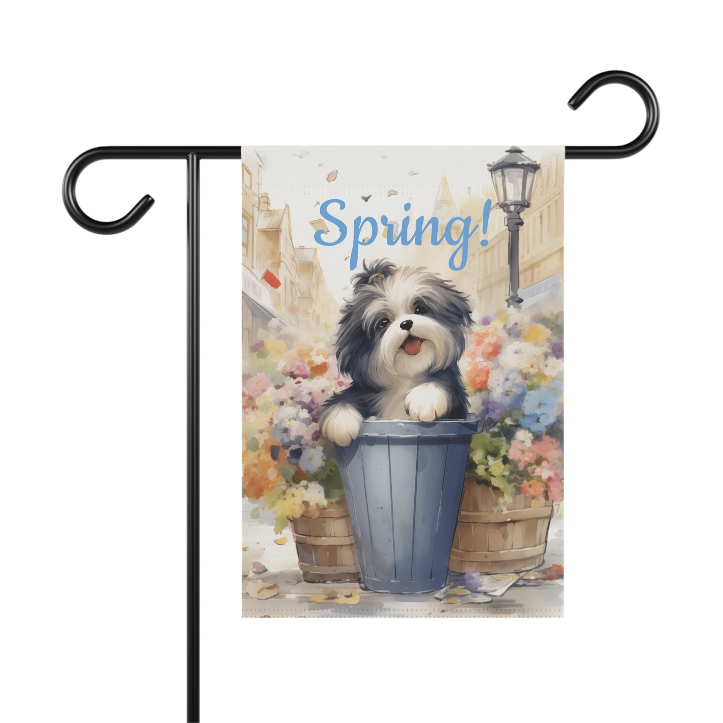 "Spring!" Garden Flag with Cute Dog in Flower Pot