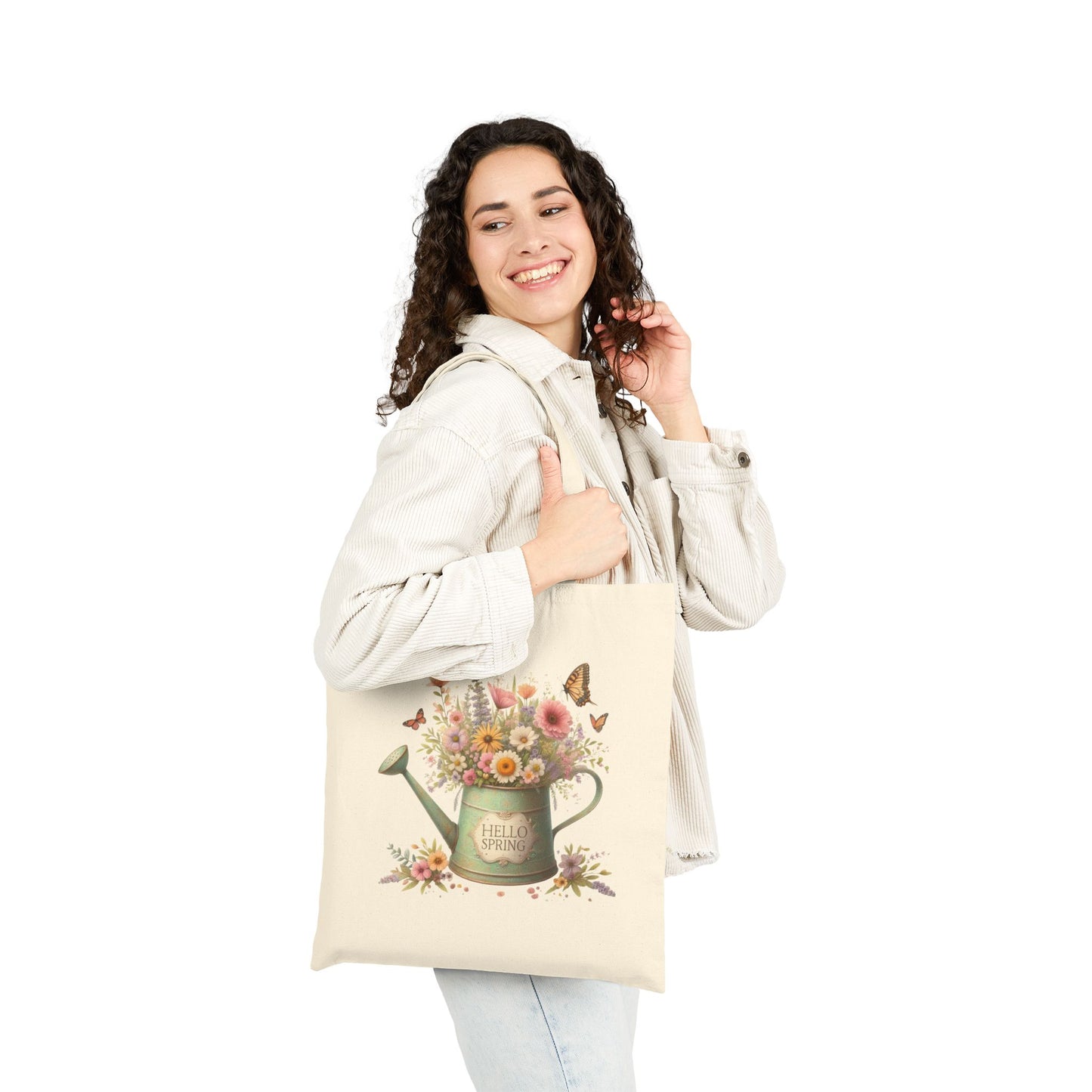 "Hello Spring" Floral Watering Can Canvas Tote Bag