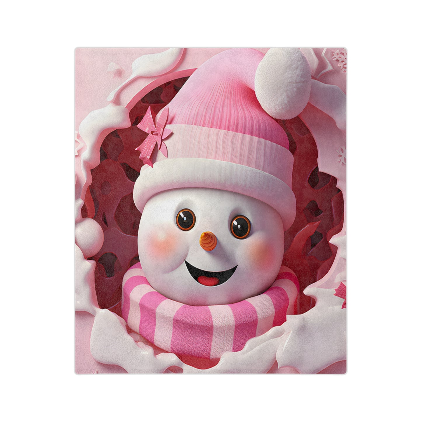 Cute pink snowman with beanie and scarf on holiday plush blanket with snow and festive background