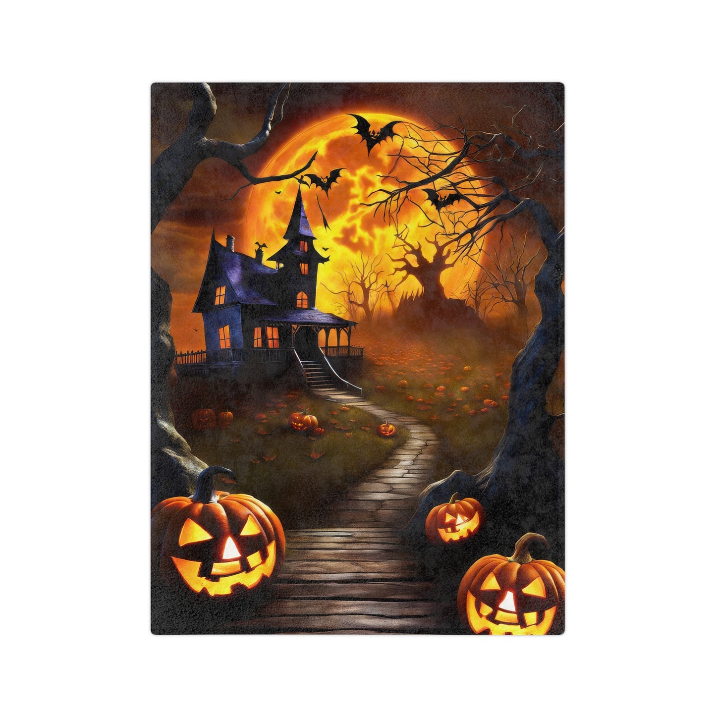Lightweight velveteen blanket with a classic haunted house, glowing windows, a large orange full moon, bats, jack-o'-lanterns, and spooky trees, Halloween decor.