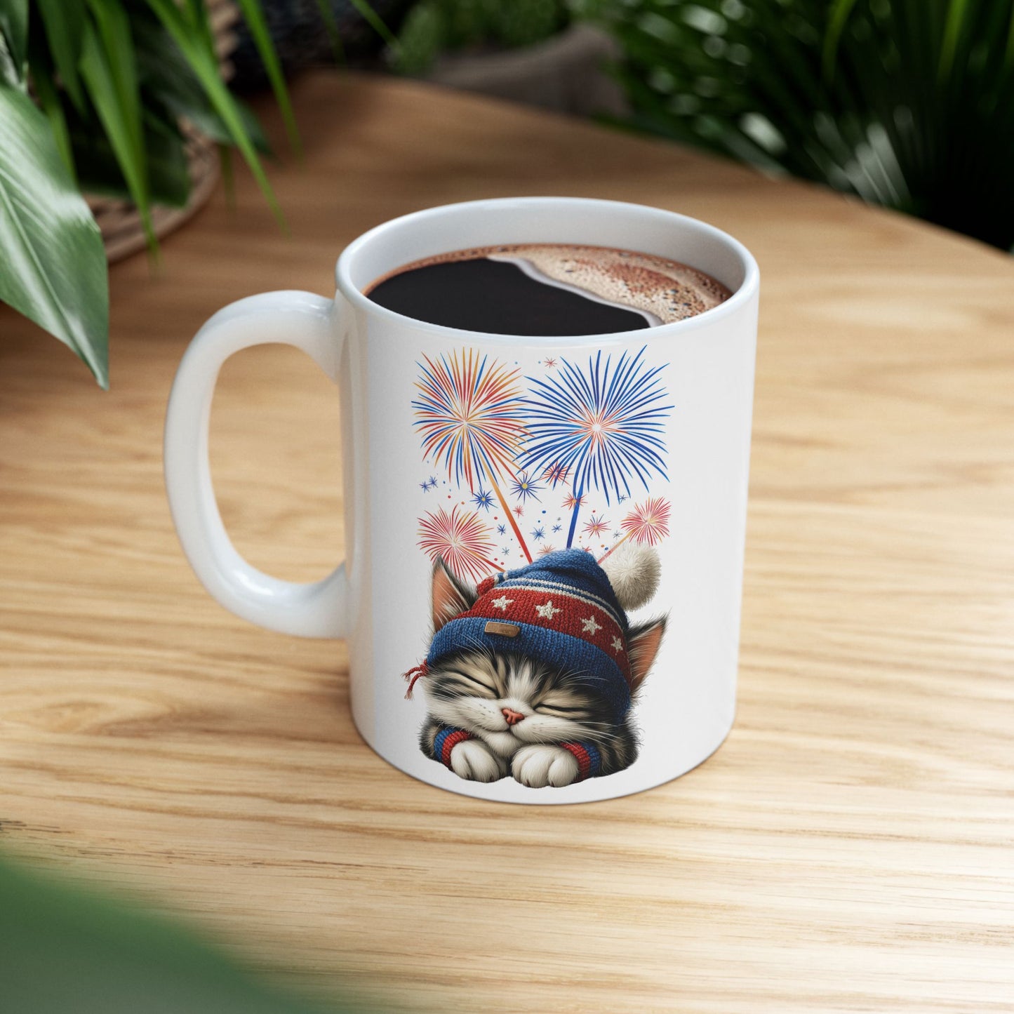 Sleepy Patriotic Kitten 4th of July Coffee Mug