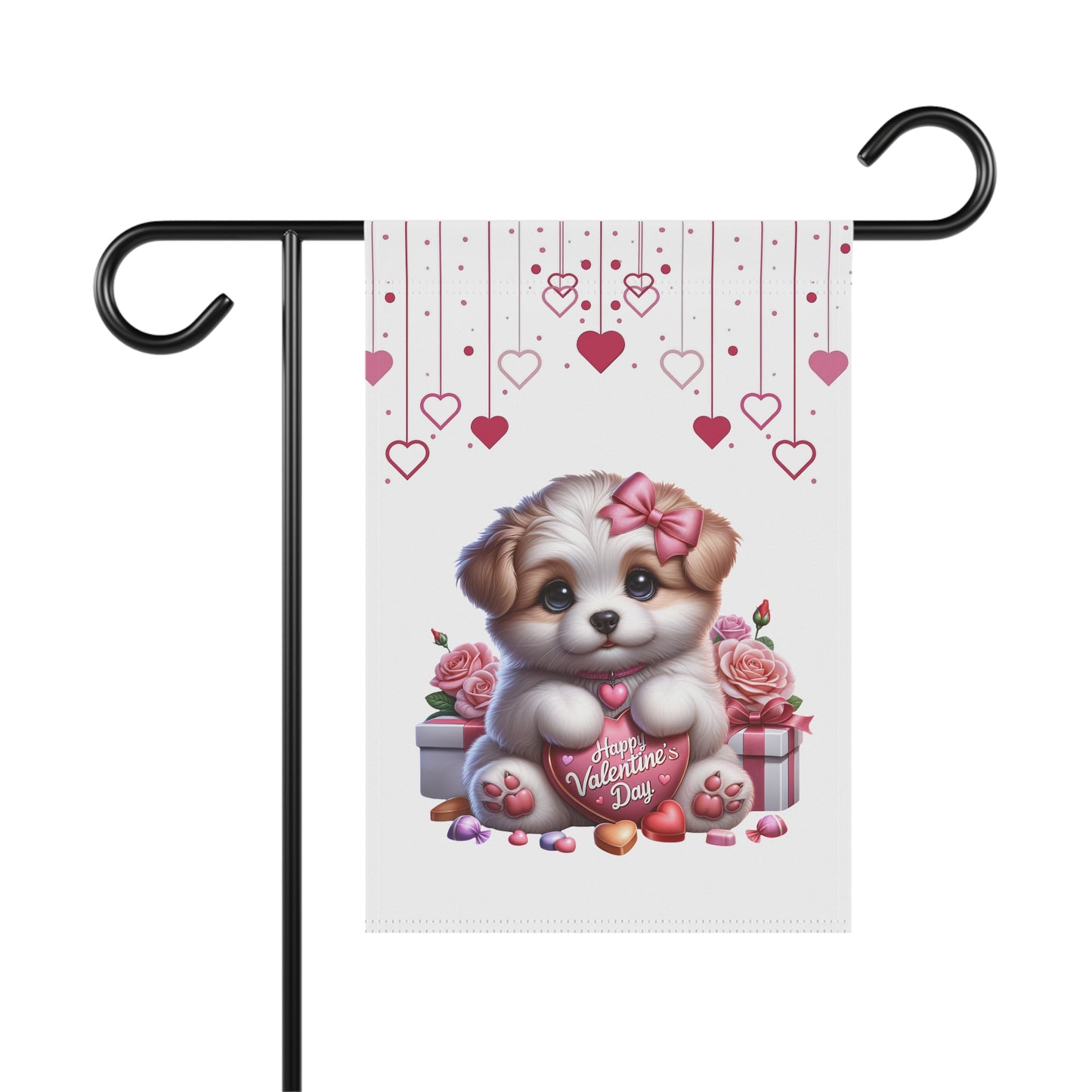 Cute puppy Valentine’s Day garden flag with hearts, pink bow, roses, and sweet treats for romantic outdoor decor